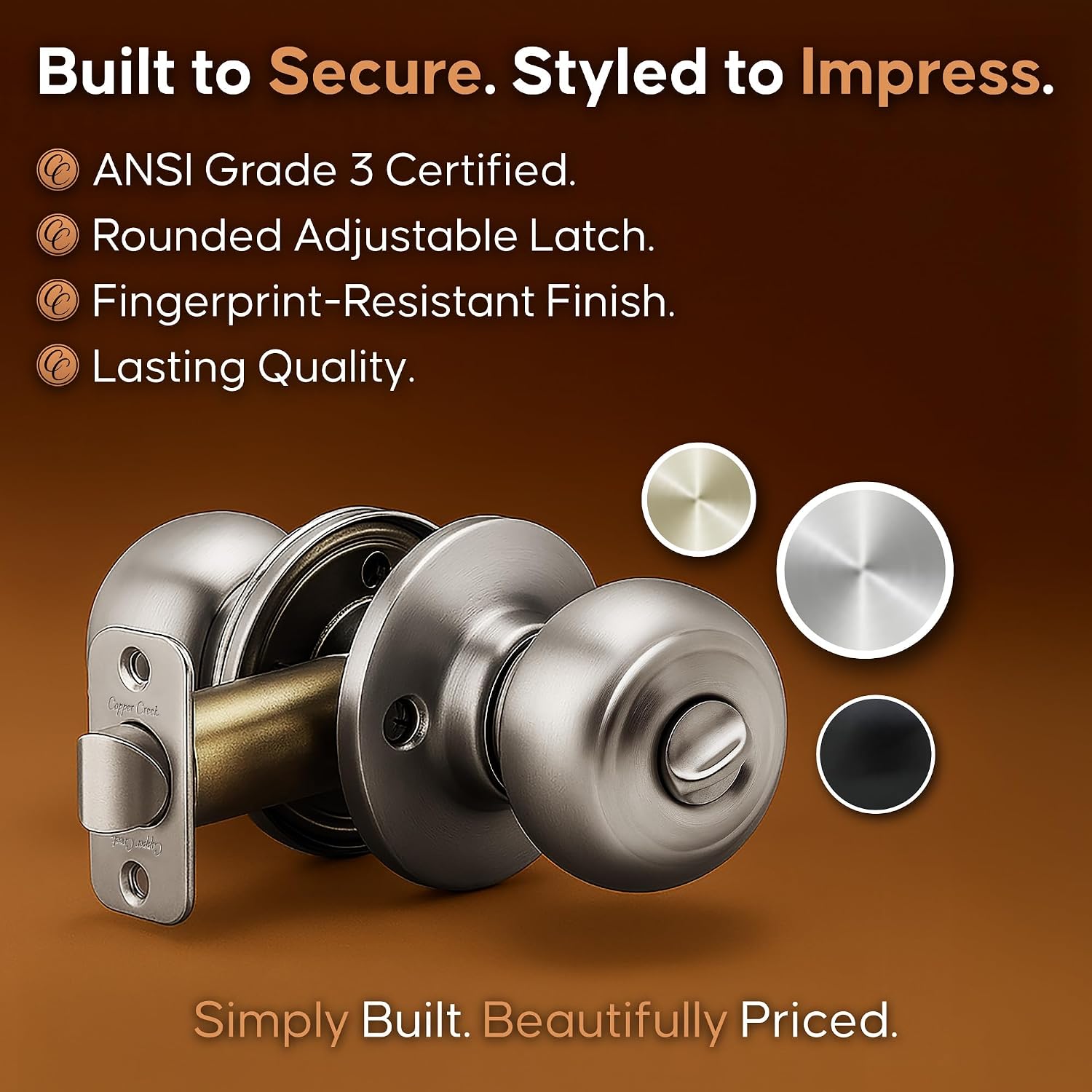 Copper Creek Colonial Privacy Interior Door Knob – ANSI Grade-3 Certified, Modern Heavy Duty Handle, Easy Install and Reversible for Bedroom, Bathroom and Closets – Satin Stainless (1 Pack)