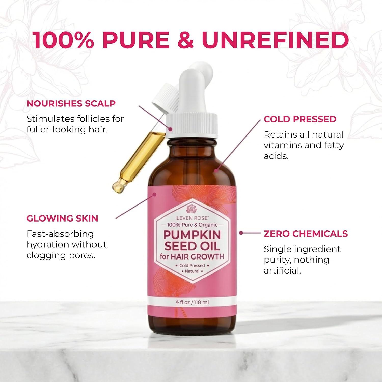 Leven Rose Pumpkin Seed Oil for Hair Growth 2 oz, 100% Pure Pumpkin Seeds Oil for Skin and Nails - Natural Pumpkin Seed Extract for Moisturizing Scalp, Dry and Rough Skin
