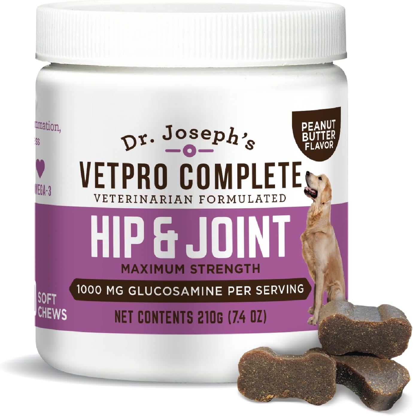 Dr. Joseph's VetPro Complete Dog Hip & Joint Wellness Supplement – High-Strength Glucosamine, MSM, Omega & Chondroitin Chews and Breeds – Vet Formulated Chicken Dog Treat - 120 Count