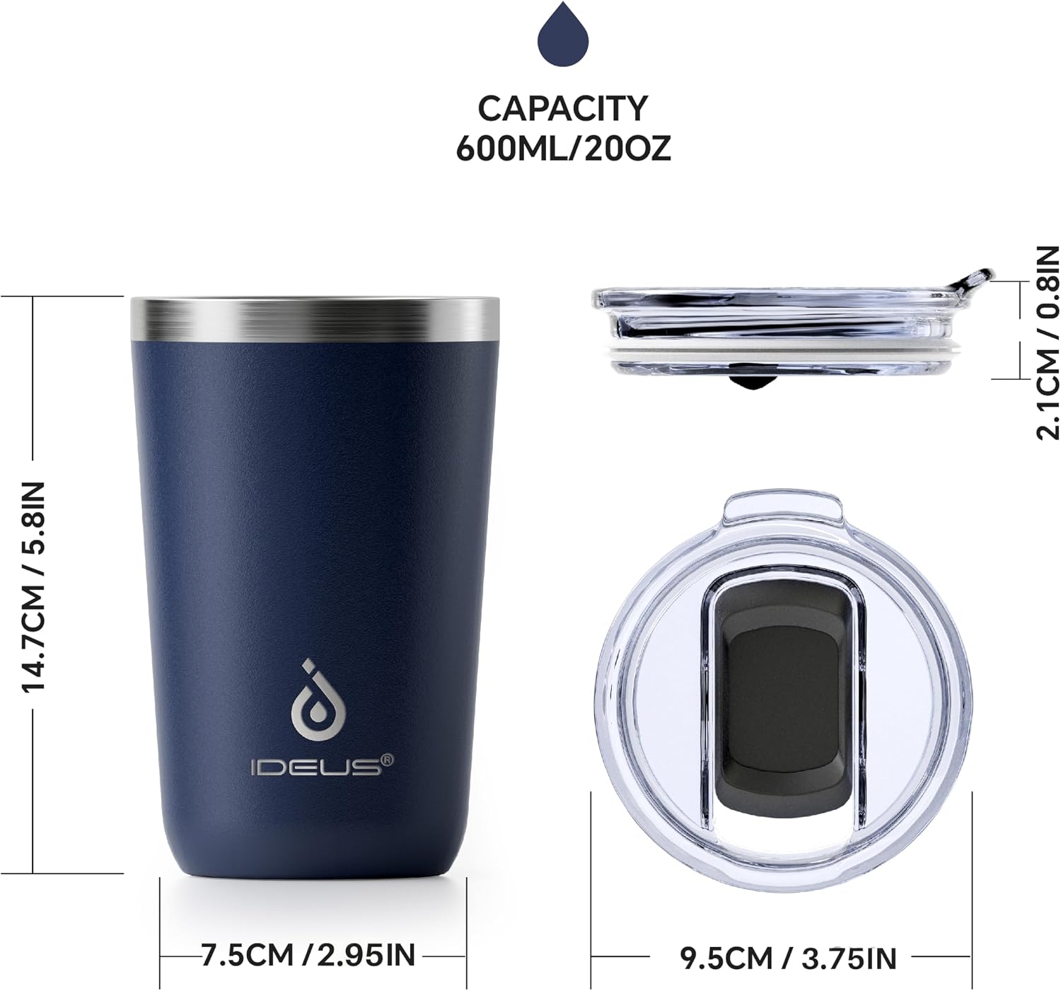 Ideus 20 oz Tumbler, Travel Coffee Mug with Splash Proof Sliding Lid, Double Wall Stainless Steel Vacuum Insulated Coffee Mug for Home and Office