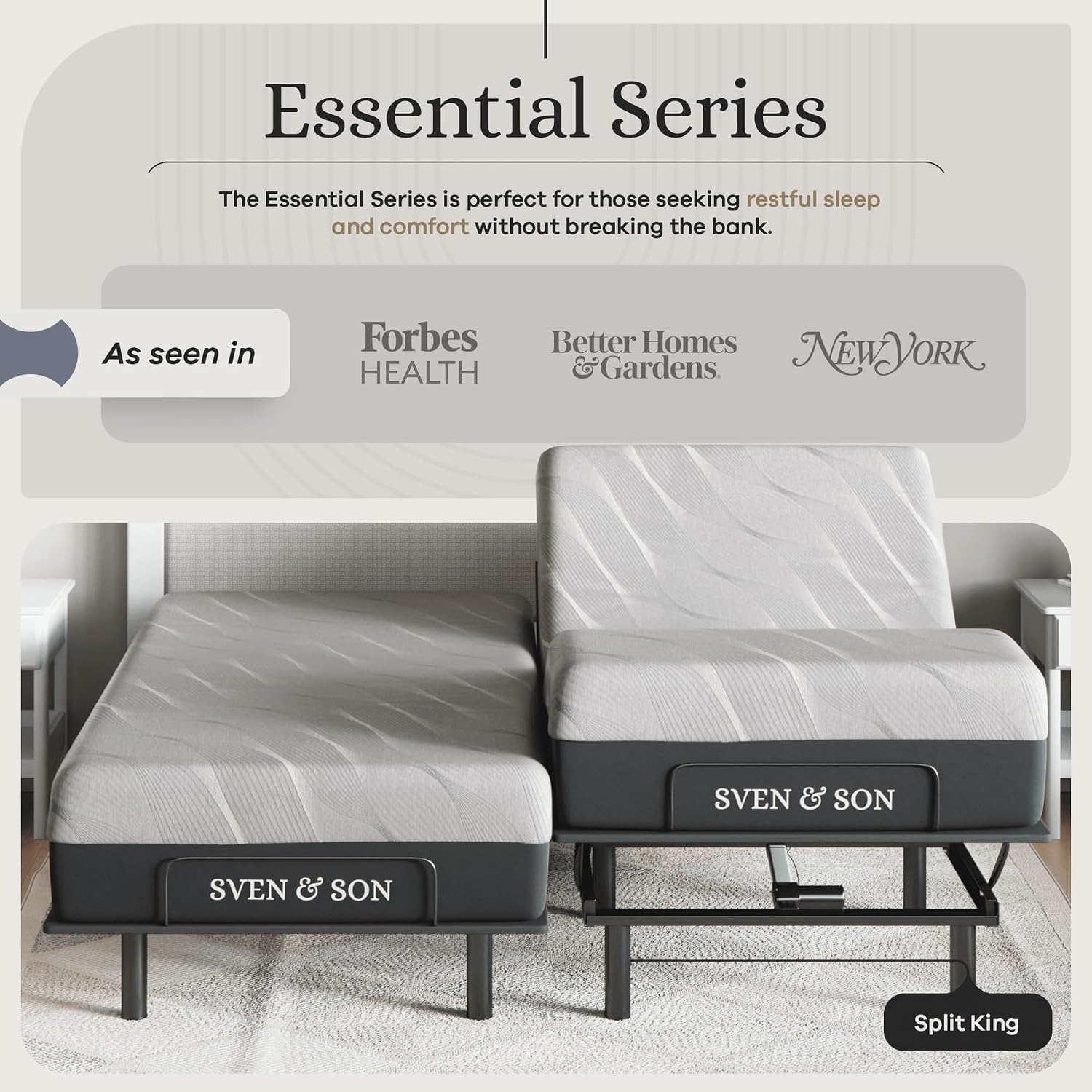 Sven and Son Essential Adjustable Bed Base (Frame) + 12 inch Memory Foam Matt (Medium), Easy Assembly, Head and Foot Lift, Memory Positions