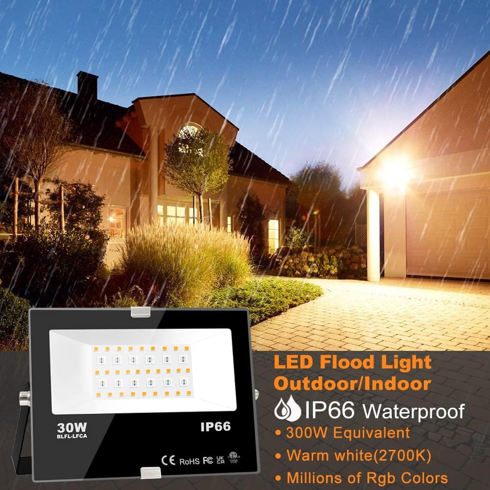 Led Flood Light Outdoor 30W, 300W Equivalent, Color Changing RGB Lights | Remote Control, 120 RGB Colors, Warm White 2700K, Timing, Custom Mode, Uplight Landscape Lights,IP66 US 3-Plug (2 Pack)