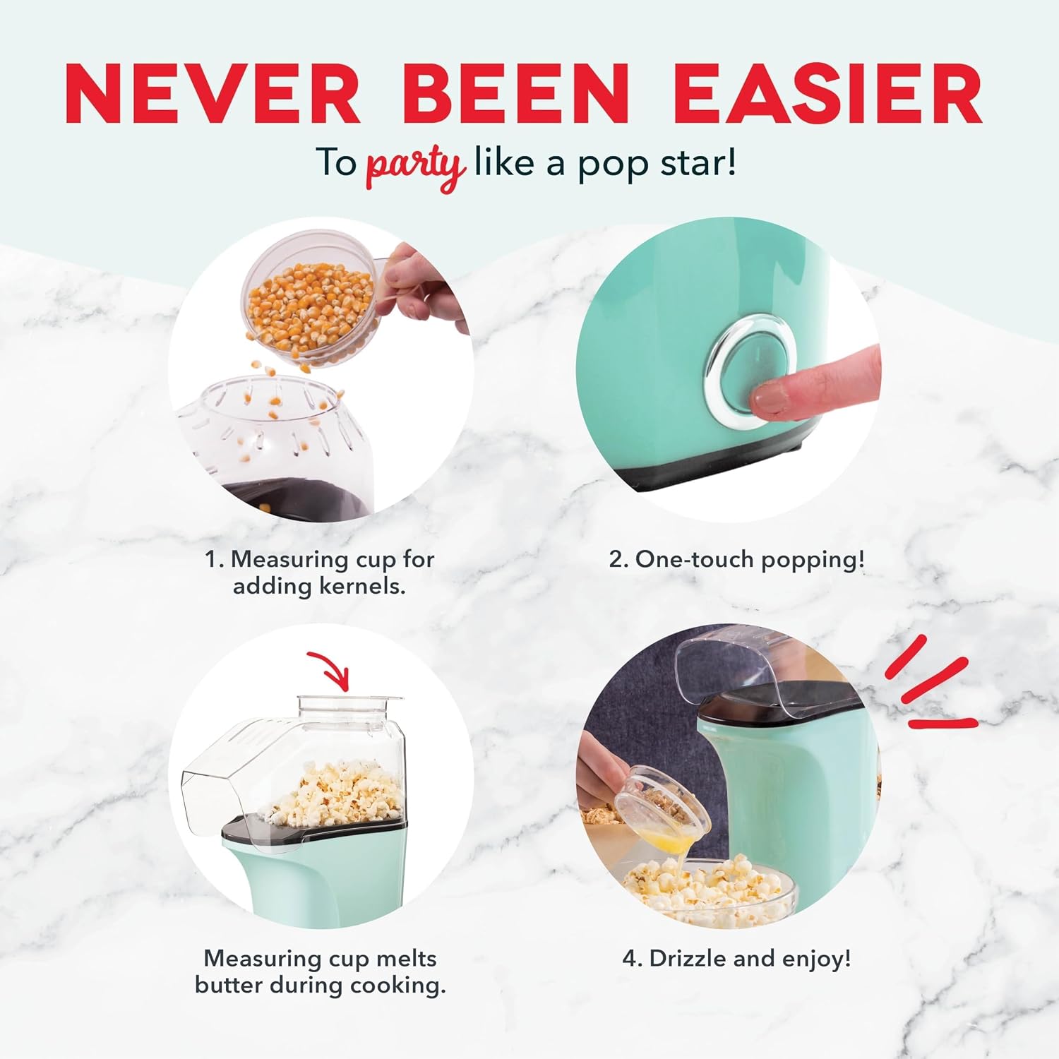 Dash Fresh Pop Popcorn Maker, 16-Cup Hot Air Popper, Aqua | Electric Popcorn Machine, Oil-Free Air Popped Popcorn, Built-In Measuring Cup & Butter Melting Tray, Movie Night Snacks