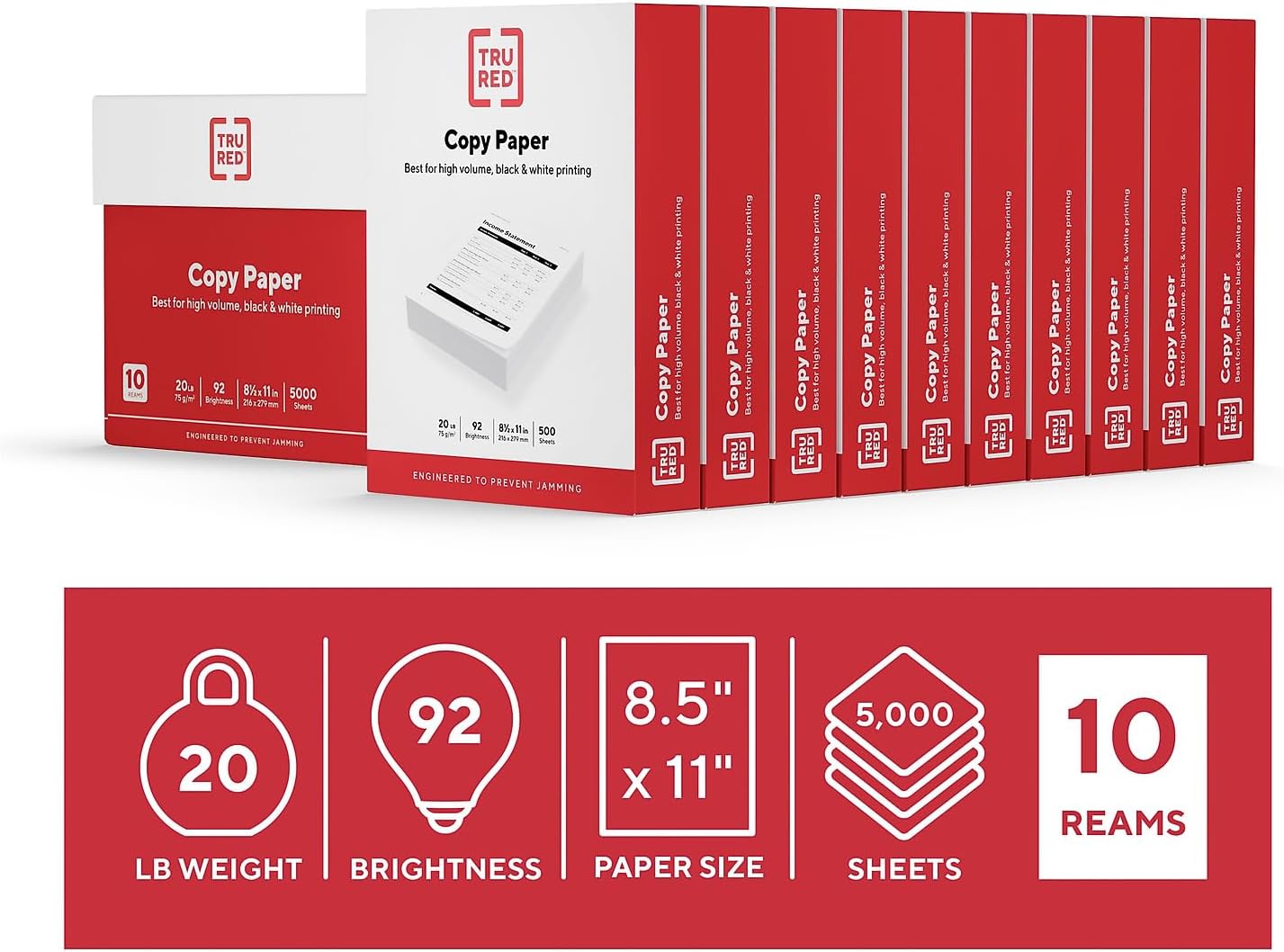 Staples TRU RED Copy & Printer Paper, 8.5 x 11, 20 lb, 92 Bright, 5,000 Sheets/Carton, White Letter Size Paper for Office, School & Home