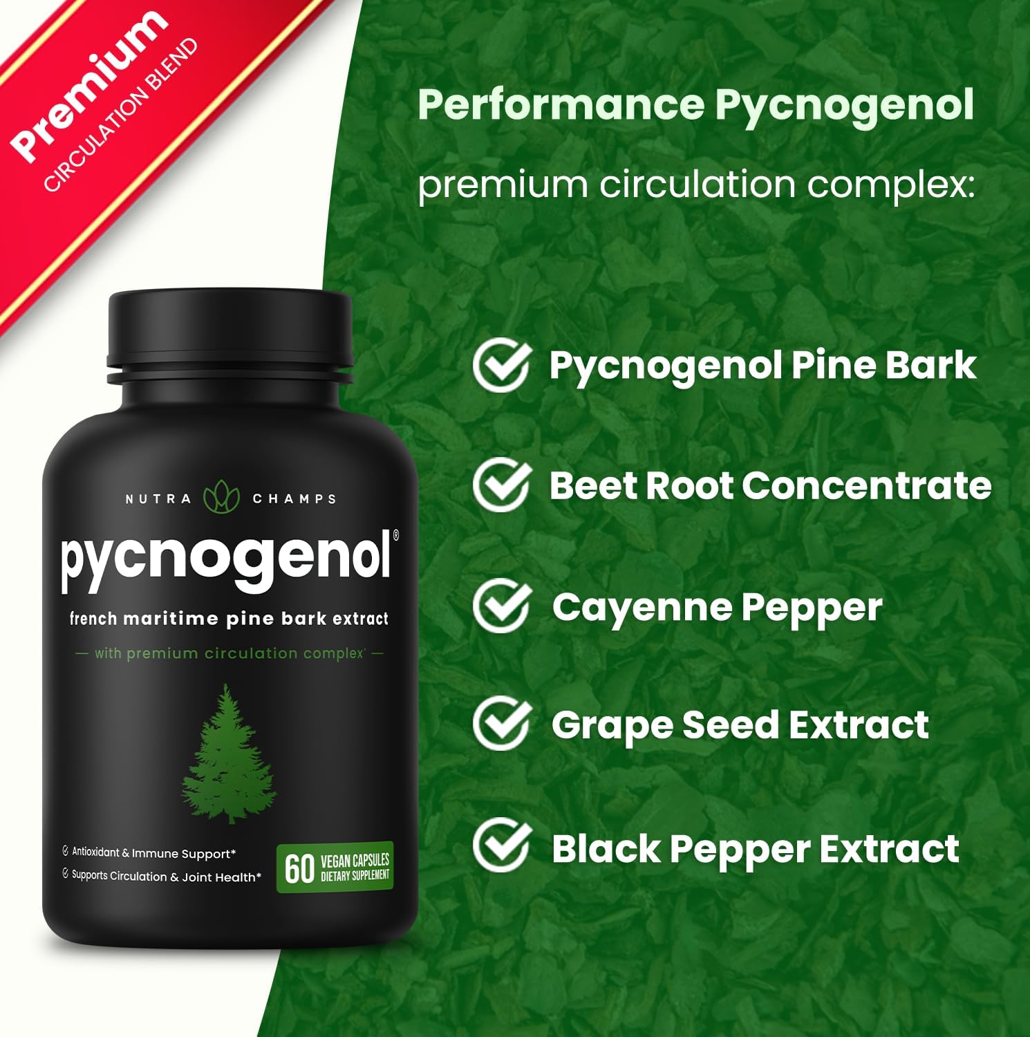 NutraChamps Pycnogenol French Maritime Pine Bark Extract, Premium Circulation Complex, Blood Flow, Nitric Oxide Production, Superior Absorption