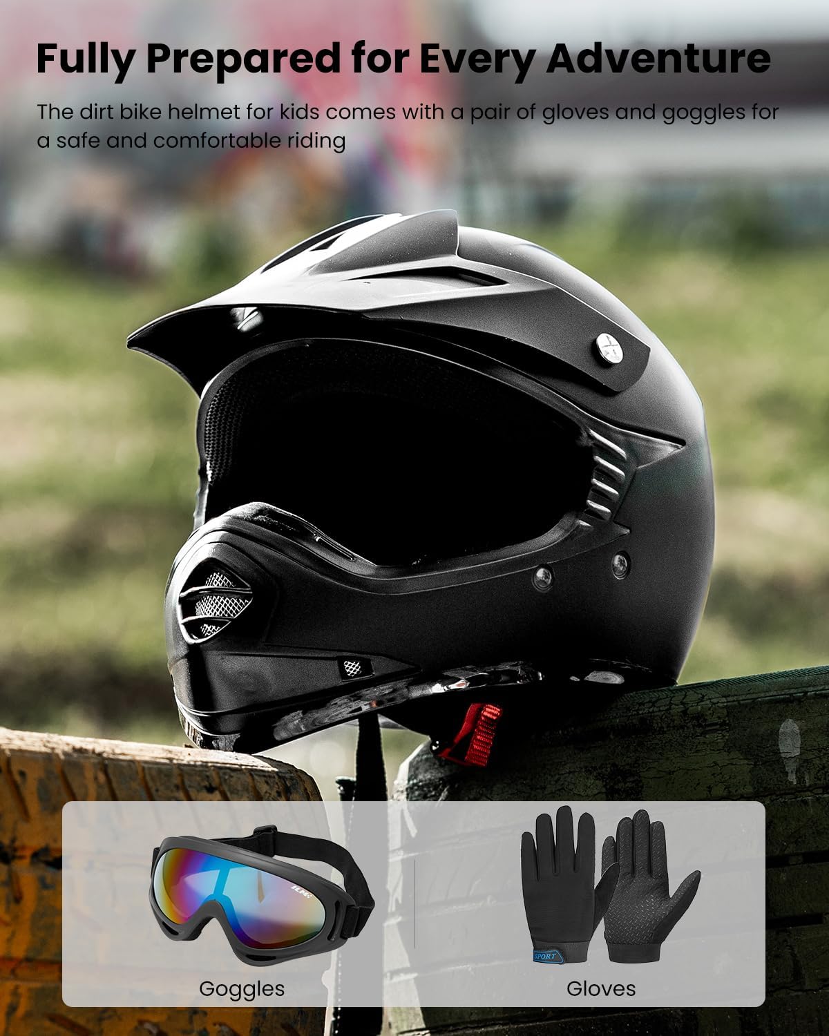 ILM Youth Kids ATV Motocross Helmet Goggles Sports Gloves Dirt Bike Motorcycle Off Road DOT Approved B07 (Youth-L, Matte Black)