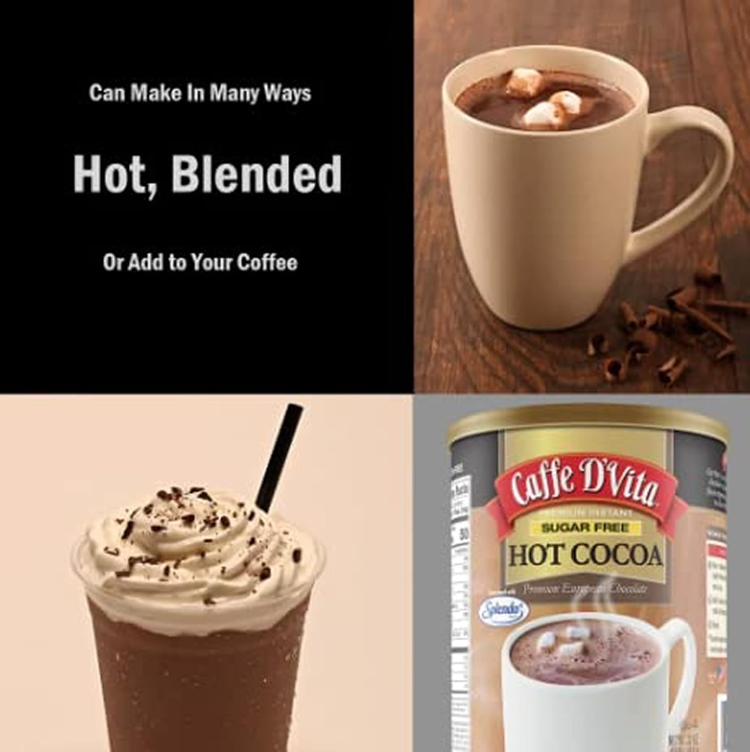 Caffe D'Vita Sugar Free Hot Cocoa Mix, Gluten Free - 10 Oz Can | Hot Chocolate Mix, Low Fat, No Cholesterol, No Hydrogenated Oils or Trans Fat, Kosher, Cocoa Bulk