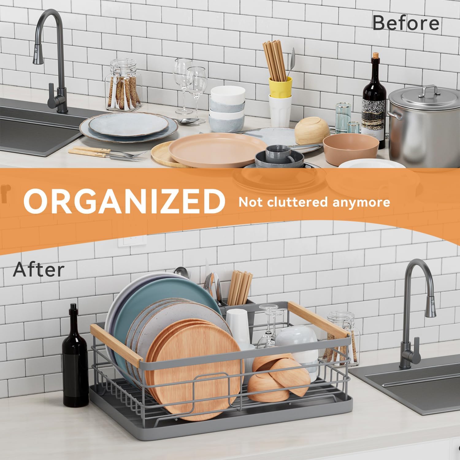 BRIAN & DANY Dish Drying Rack, Dish Racks for Kitchen Counter, Stainless Steel Dish Drainer with Removable Cutlery Holder & Drainboard, White