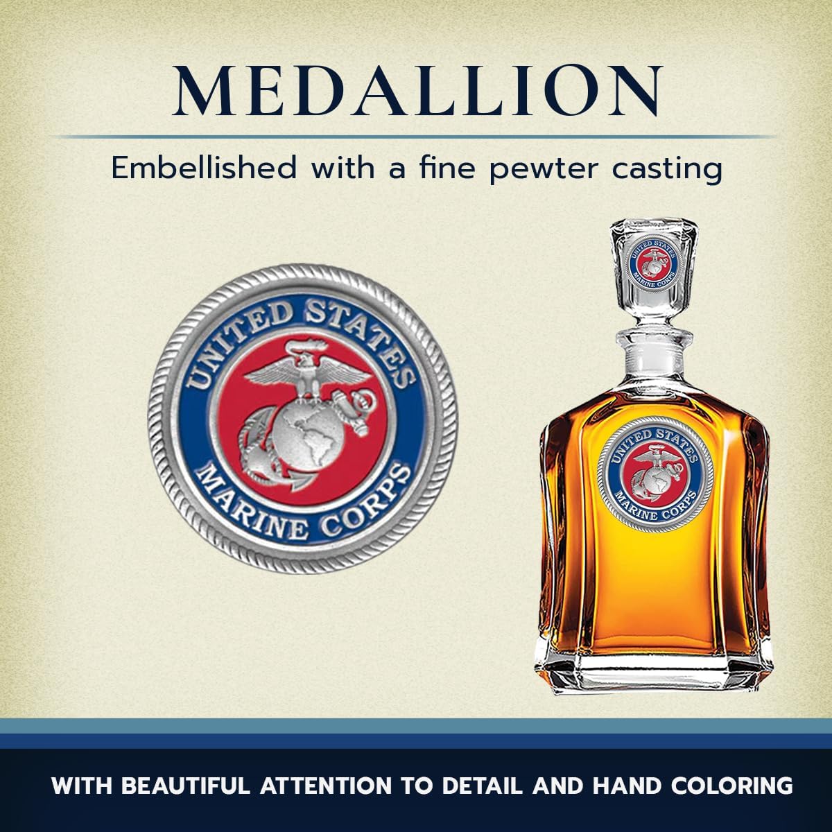 Marines Decanter – Eagle Globe & Anchor | 24 OZ Whiskey Decanter for Liquor with Airtight Stopper | Expertly Crafted Pewter Glass Clear
