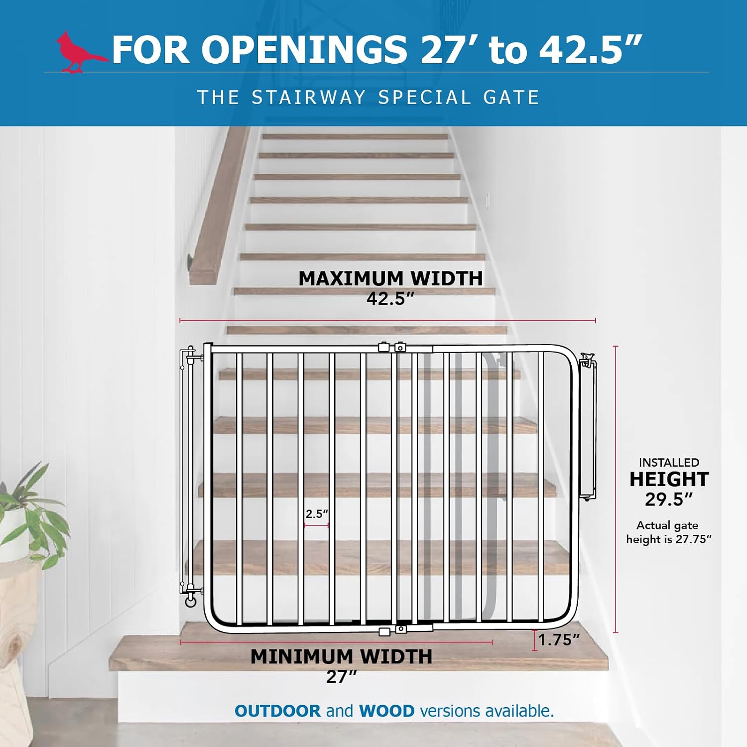 Cardinal Gates SS30 Stairway Special Baby and Pet Gate, 27-42.5 in, Black | One-hand latch, two-way swing and angle-mount hardware for babies and pets