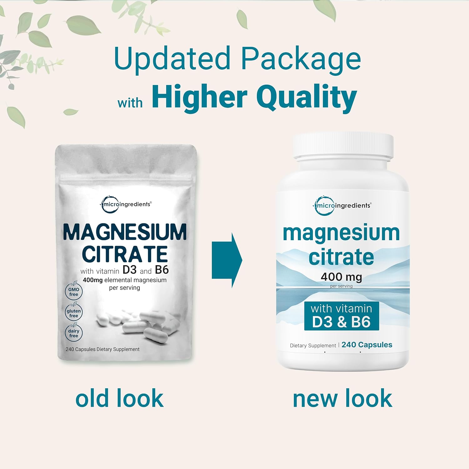 Micro Ingredients Magnesium Citrate 400mg, 240 Capsules | with Vitamin D3 1000IU & B6 | Muscle
