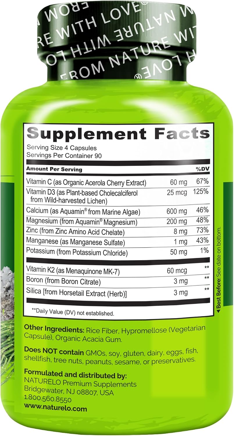 NATURELO Calcium Supplement with Vitamin C, D3, K2, 120 Vegetarian Capsules | Magnesium & Zinc for Bone Strength,Plant-Based Calcium 600mg , Non-GMO, Soy & Gluten-Free