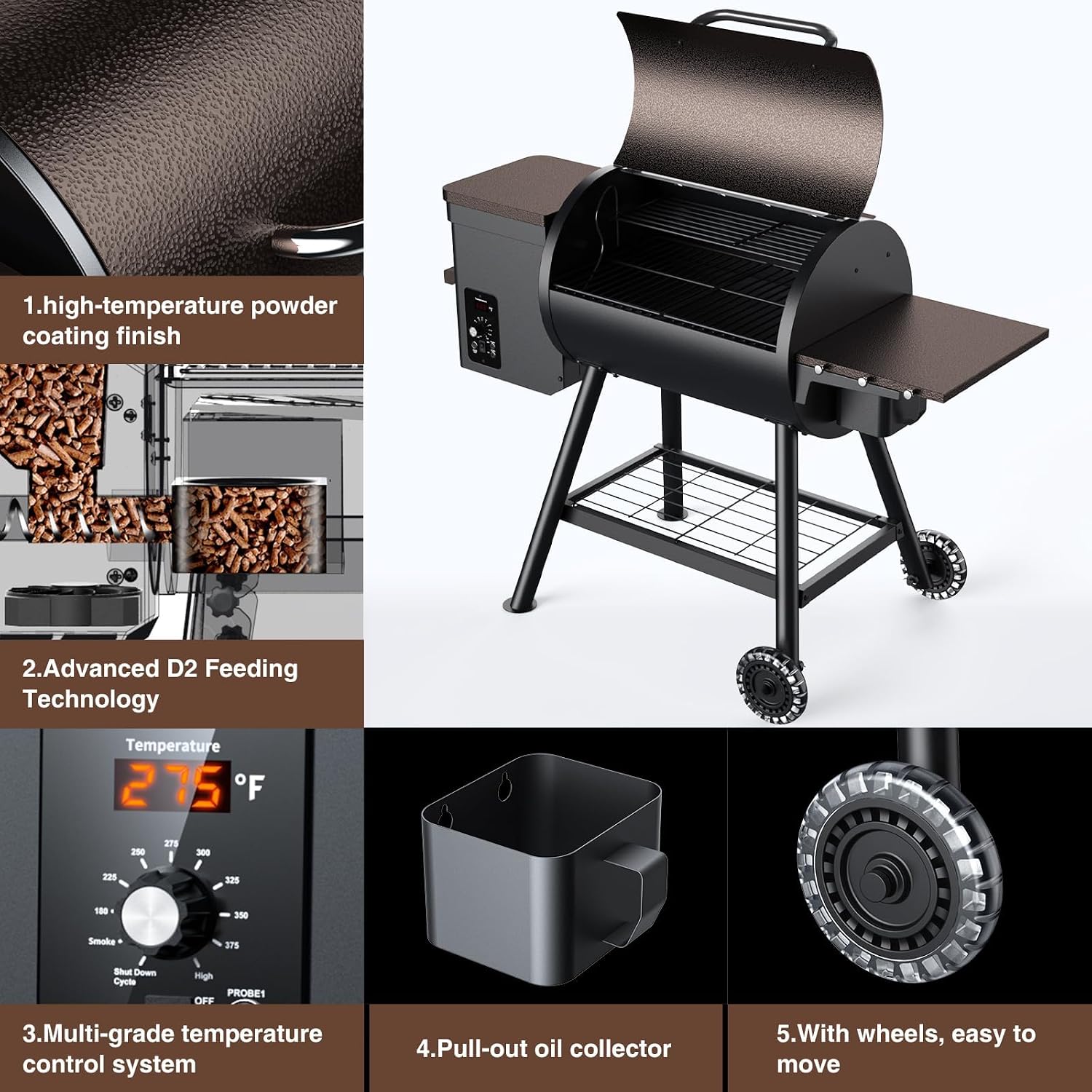 KingChii Electric Wood Pellet Grill & Smoker with Side Shelf, 456 SQ.IN Grill Capacity, with PID Temperature Control (180-425°F) for Backyard Camping Bake and Roast, Black