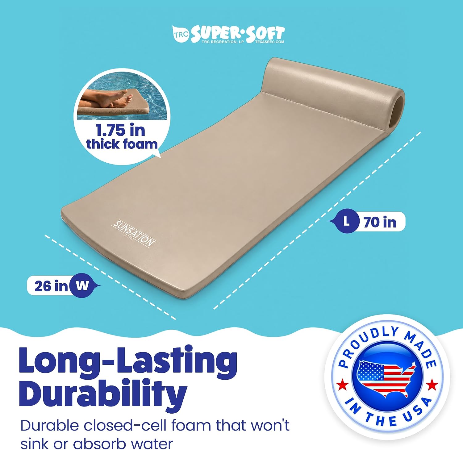 TRC Recreation Sunsation 1.75" Thick Foam Pool Float Lounger w/ Headrest for Lounging & Sunbathing in Swimming Pools, Beaches & Lakes, 70" x 26