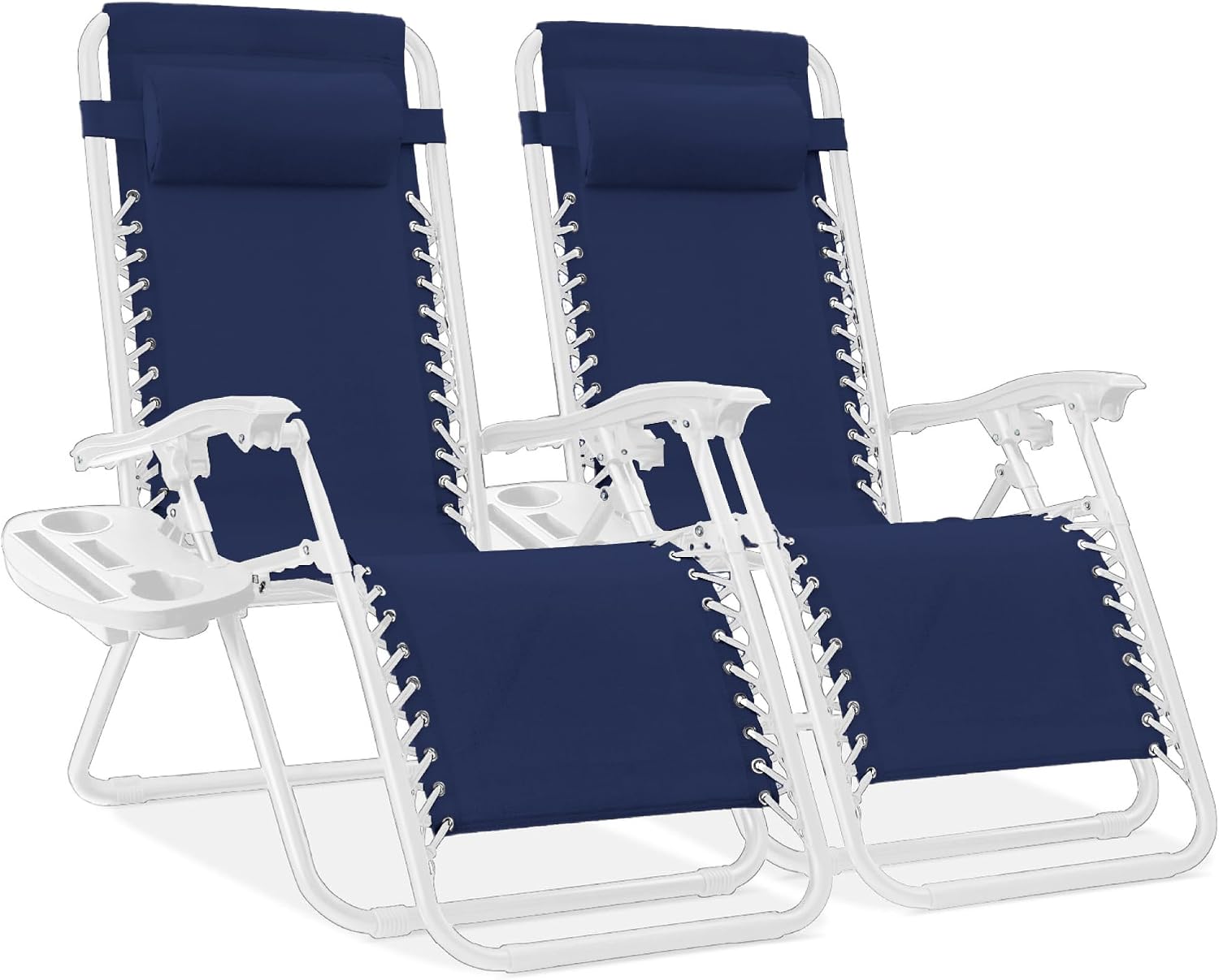 Best Choice Products Set of 2 Adjustable Steel Mesh Zero Gravity Lounge Chair Recliners w/Pillows and Cup Holder Trays - Light Blue