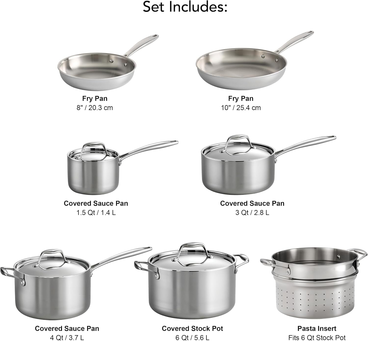 Tramontina Signature Tri-Ply Clad Stainless Steel 8-Pc Pots and Pans Set | Cookware Kitchen Set, Induction-Ready, Dishwasher-Safe, NSF-Certified, Made in Brazil