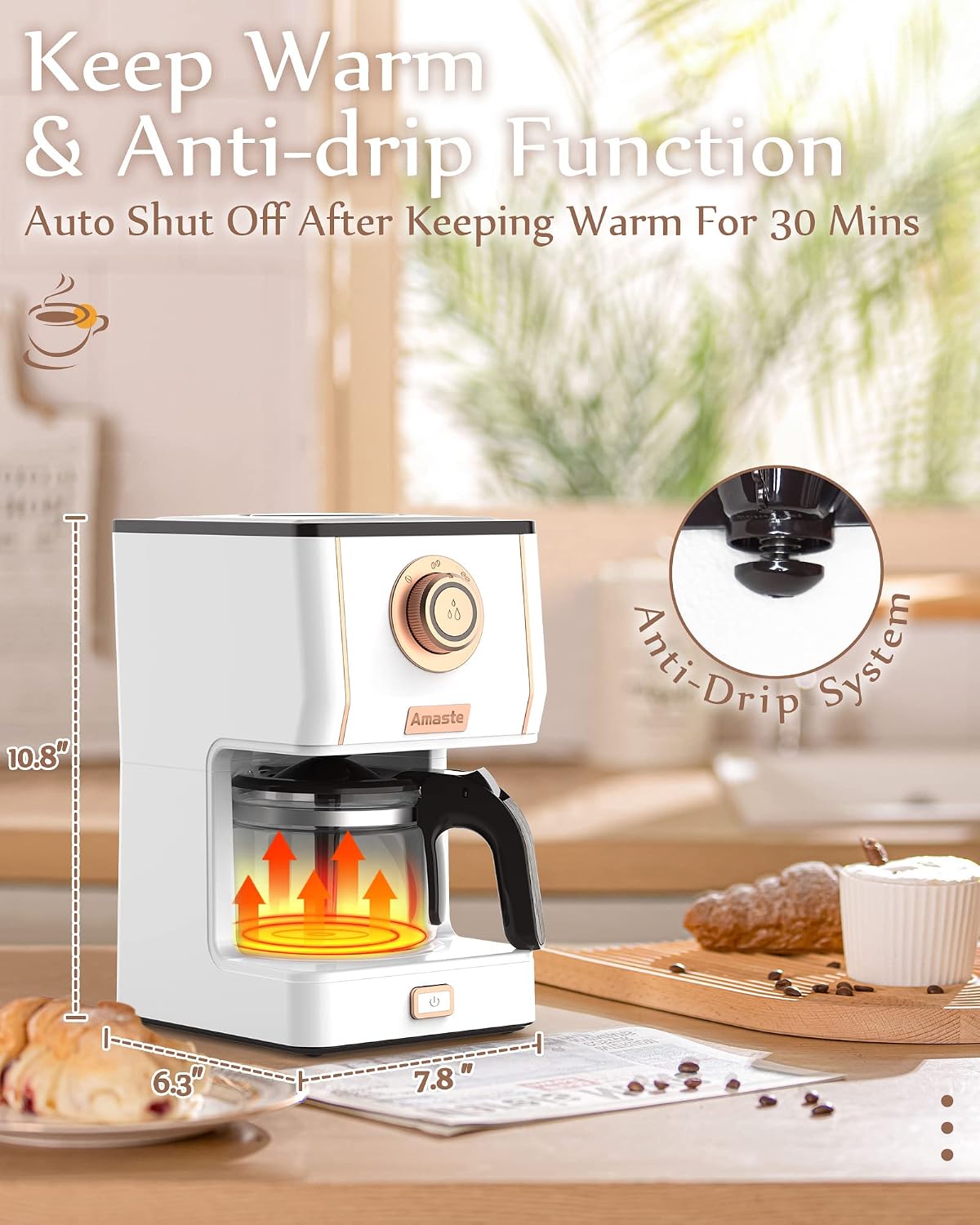 Amaste Drip Coffee Maker, Coffee Machine with 25 Oz Glass Coffee Pot, Retro Style Coffee Maker with Reusable Filter & Three Brewing Modes