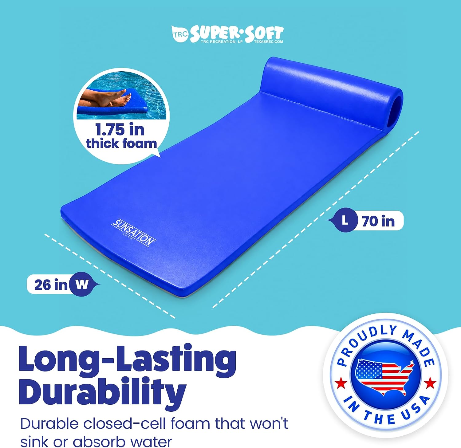 TRC Recreation Sunsation 1.75" Thick Foam Pool Float Lounger w/ Headrest for Lounging & Sunbathing in Swimming Pools, Beaches & Lakes, 70" x 26