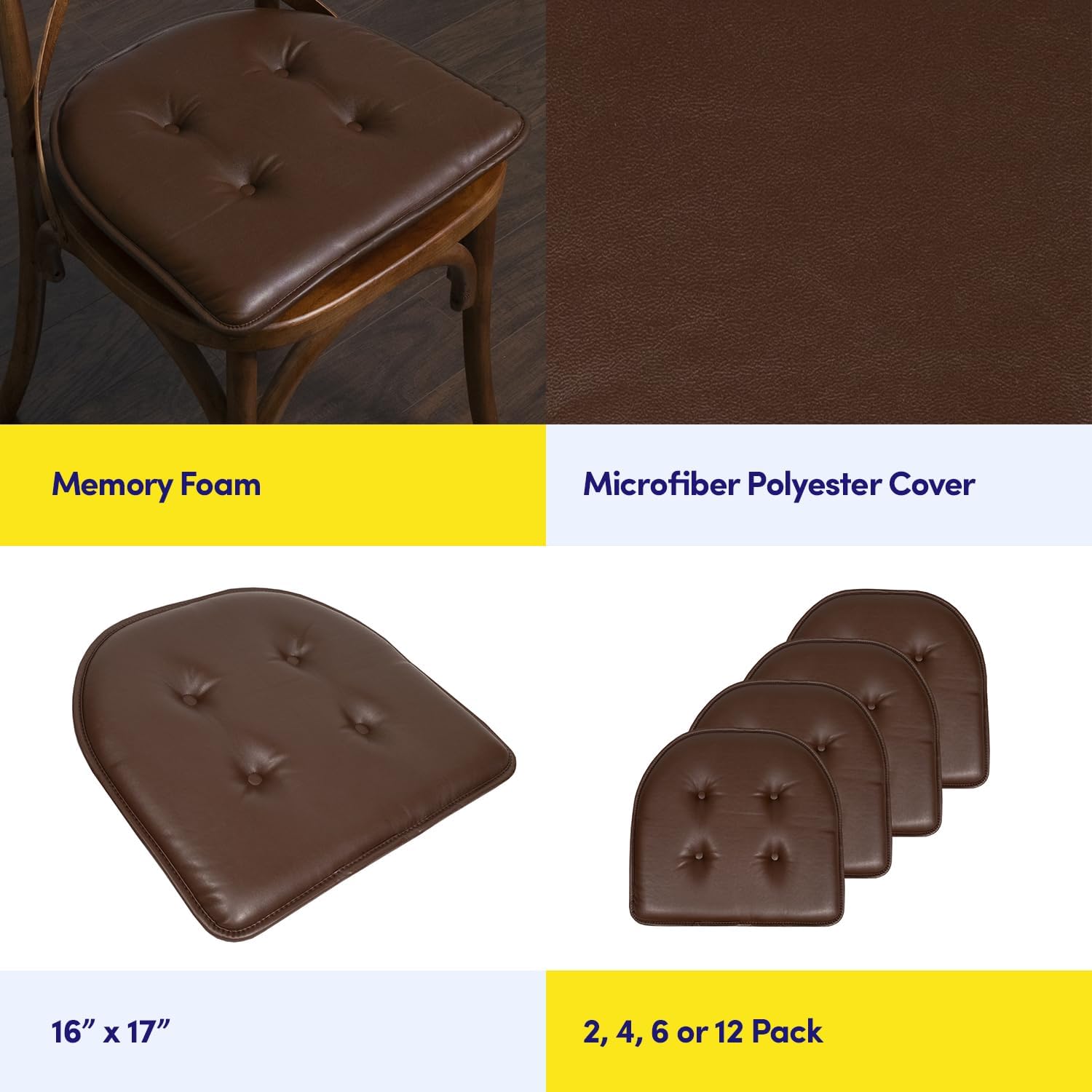 Sweet Home Collection Chair Cushion Memory Foam Pads Tufted Slip Non Skid Rubber Back U-Shaped 17" x 16" Seat Cover