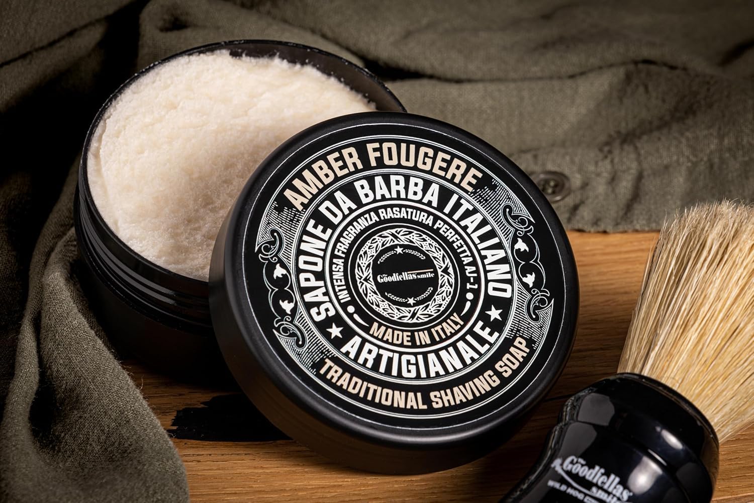 Goodfellas' Smile Amber Fougere Shaving Soap, Made in Italy | Builds Dense, Cushioning Lather For Smooth Razor Glide, Scented With Lavender