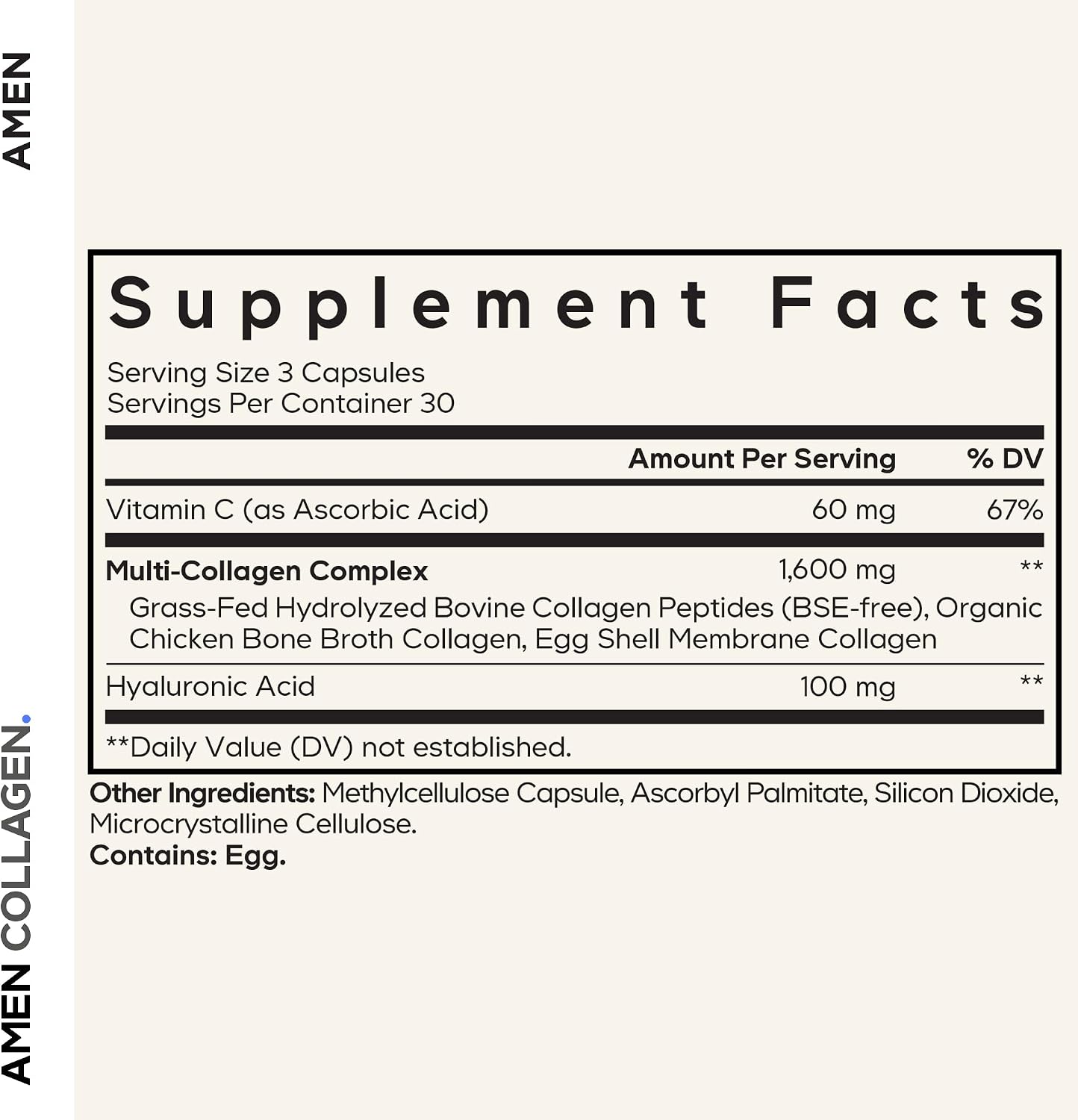 Amen Multi Collagen Peptides Supplement, Hyaluronic Acid, 90 Capsules | Hydrolyzed Type I, II, III, V & X. Bovine, fish, chicken