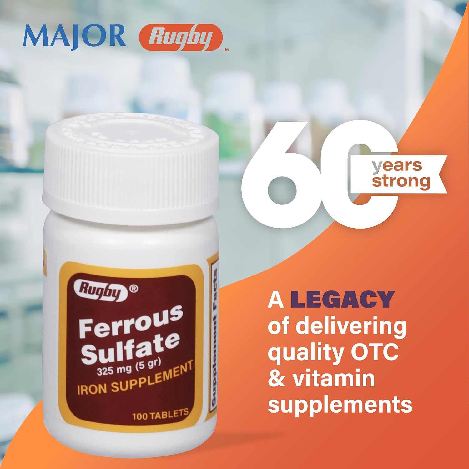 Rugby Ferrous Sulfate 325mg Tablets - Iron Supplement for Women and Men - 100 Count (1 Pack)