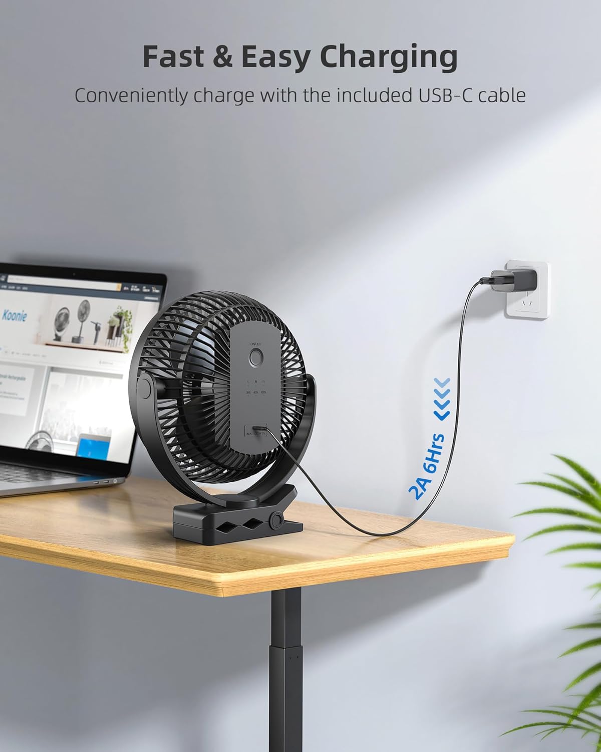 Koonie 8" Clip on Fan, 10000mAh Rechargeable Battery, Strong Airflow, Black