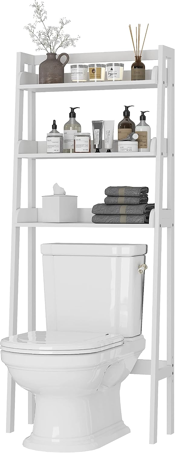 UTEX Over The Toilet Storage Shelf, 3-Tier Bathroom Organizer, White | FSC-Certified MDF, Open Ladder Design, Adjustable Lower Crossbar, Anti-tip Hardware, 33-Inch Clearance, Raised Side Guards