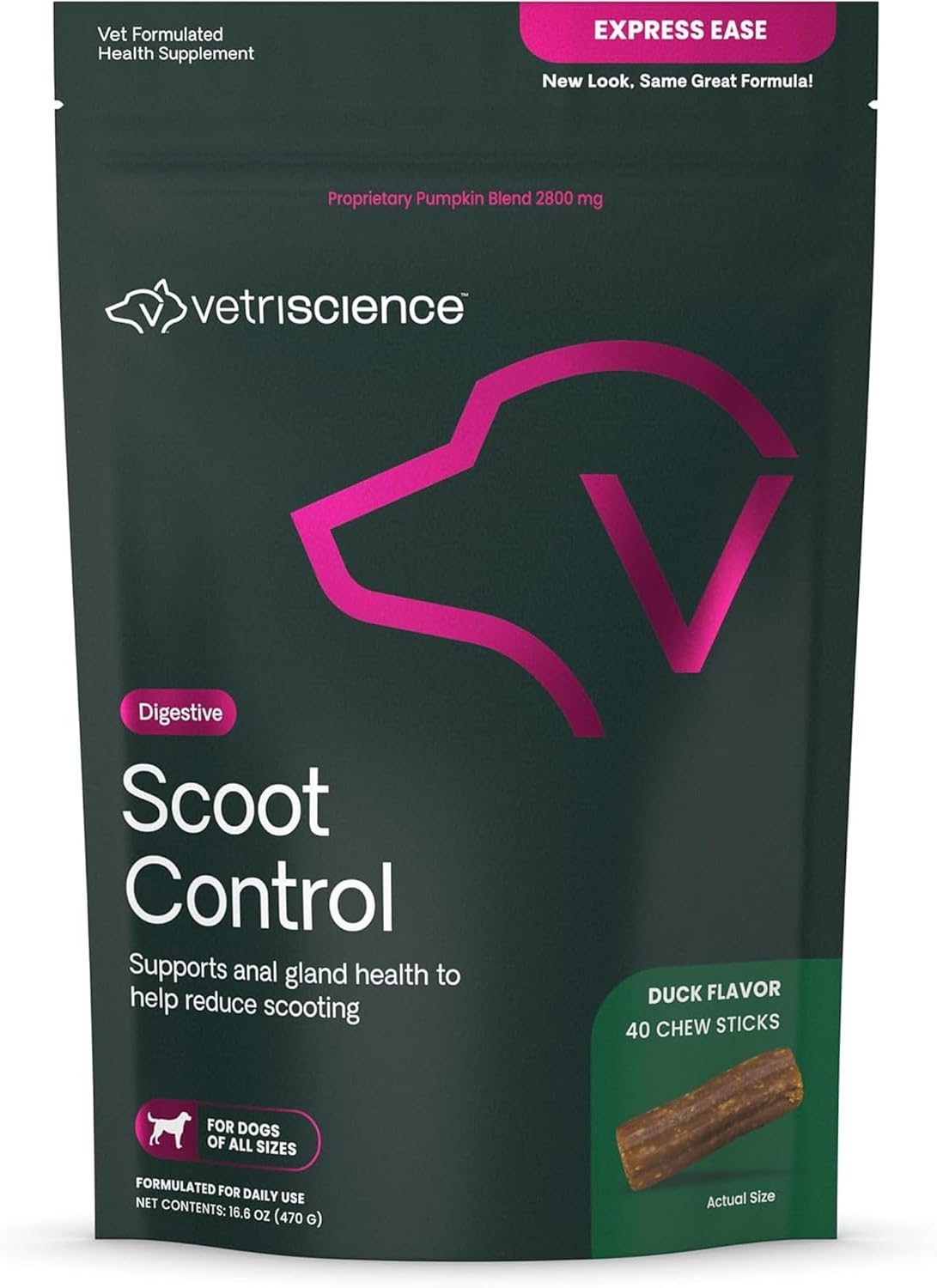 VetriScience Scoot Control Chews, Express Ease Fiber Supplement for Dogs, Pumpkin and Tree Larch Extract, Anal Gland Support, Firm Up Stools