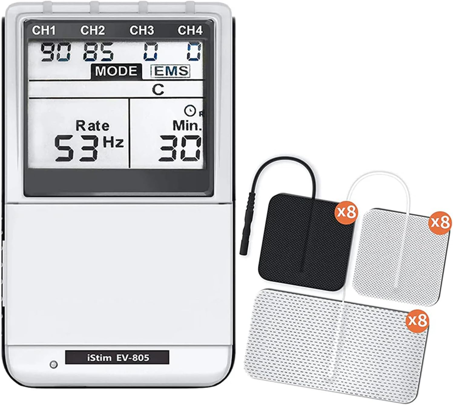 iSTIM EV-805 TENS EMS 4 Channel Rechargeable Combo Machine Unit - Muscle Stimulator + Back Pain Relief and Management- 24 Programs/Backlit