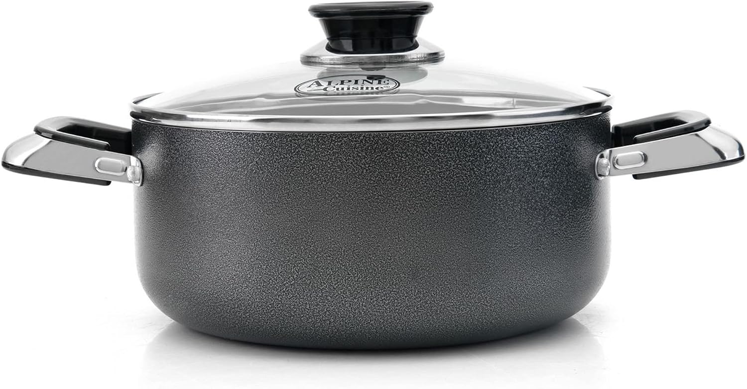 Alpine Cuisine 4 Quart Non-stick Stock Pot with Tempered Glass Lid and Carrying Handles, Multi-Purpose Cookware Aluminum Dutch Oven for Braising, Boiling, Stewing
