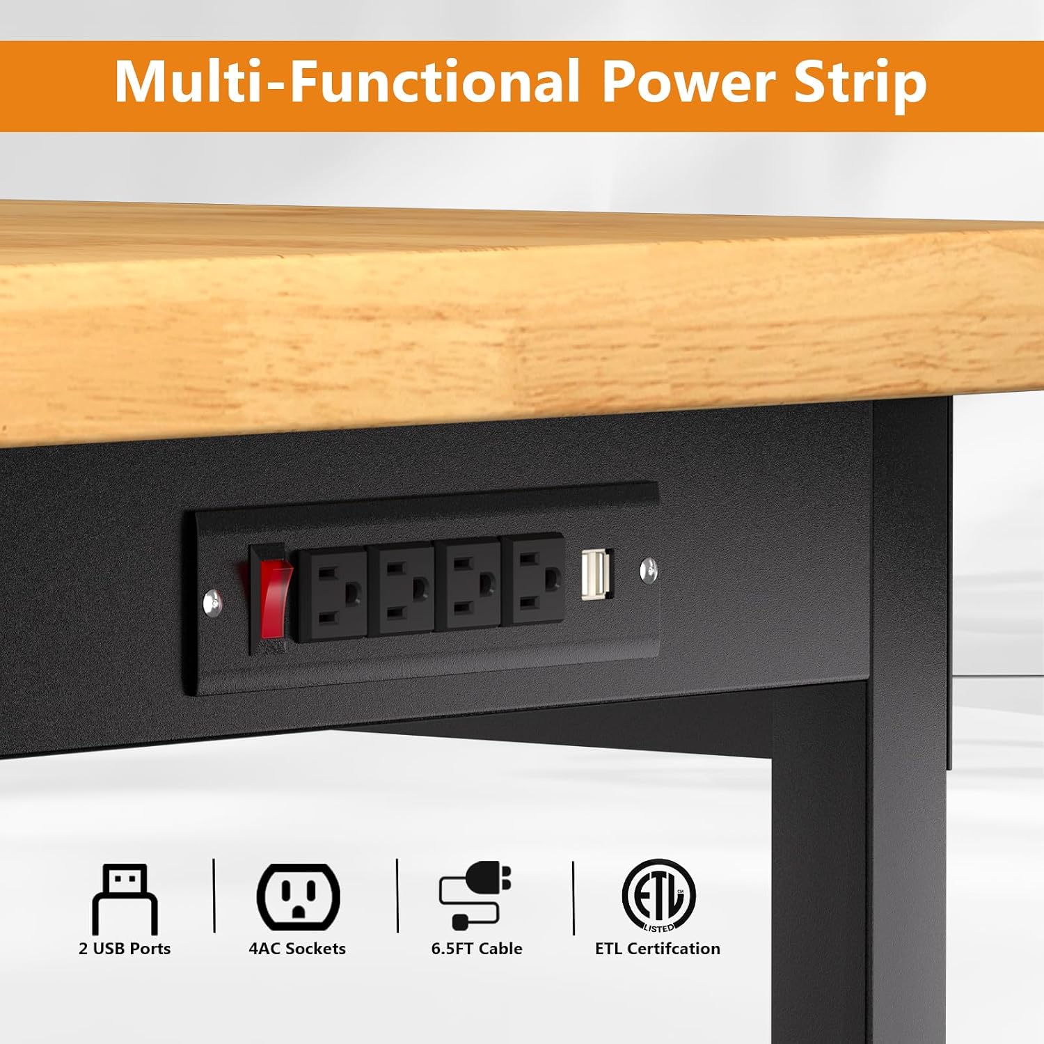 48" Heavy Duty Work Bench with Drawers, Adjustable Height Workbench with Wheels, 2000 LBS Capacity Work Table with Power Outlets for Garage, Workshop, Office, Home