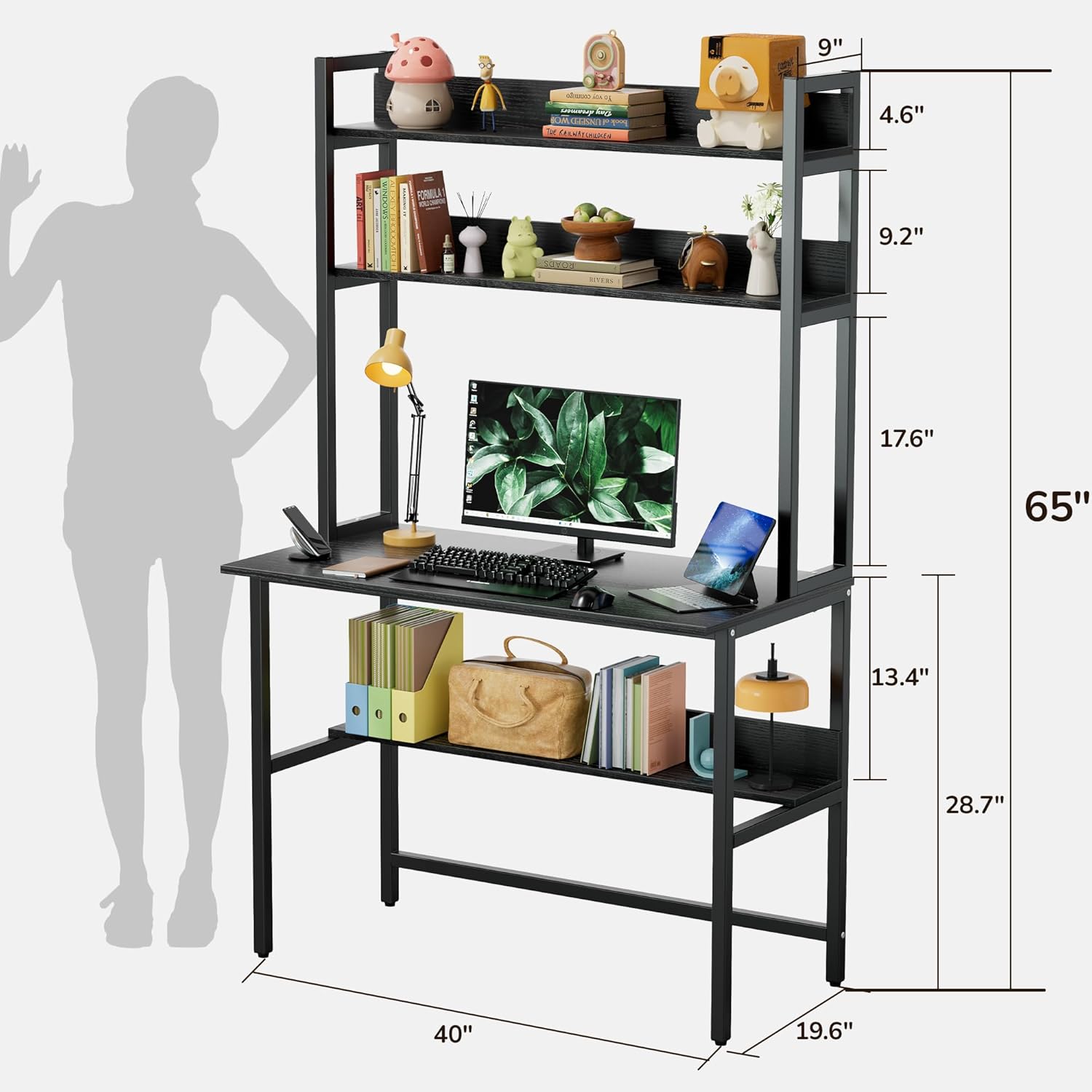 Aquzee Computer Desk with Shelves, 47" W x 23.6" D Gaming Desk with Hutch and Bookshelf