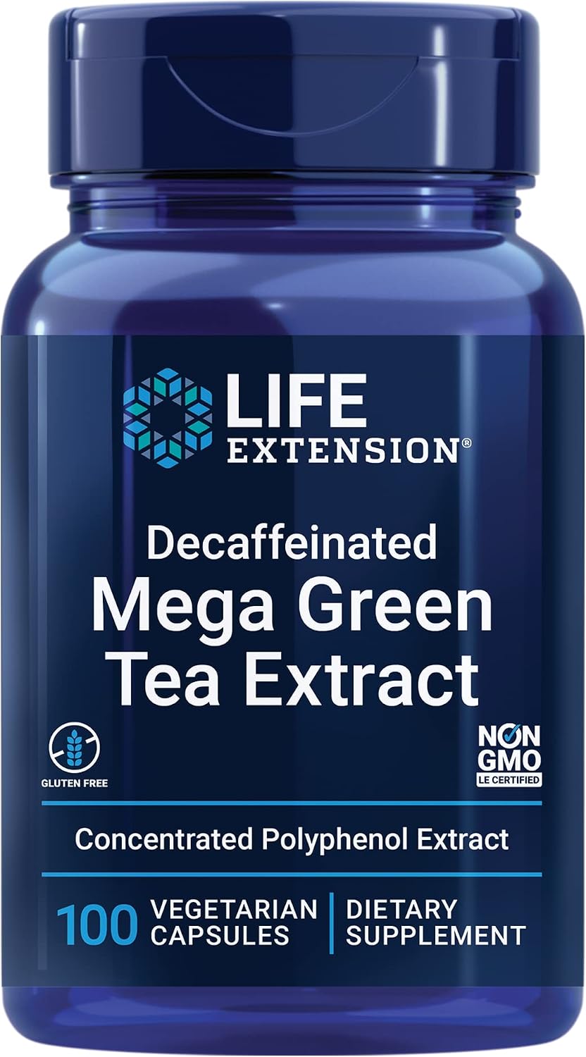 Life Extension Decaffeinated Mega Green Tea Extract – Polyphenol-Rich, Cell Health, Heart Health, Brain Health, Antioxidant Protection – Non-GMO, Gluten-Free, Vegetarian – 100 Capsules | Camellia Sinensis Extract with Concentrated EGCG Polyphenols, Glute…