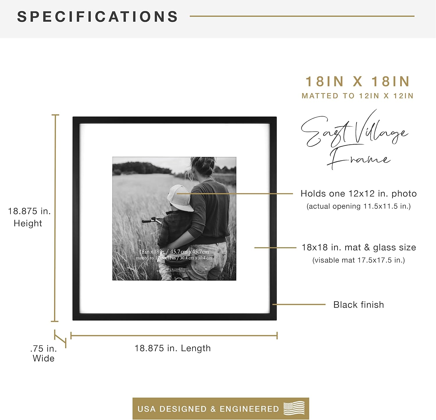 MCS East Village Picture Frame, 18x18 Matted to 12x12, Black, 2-Pack