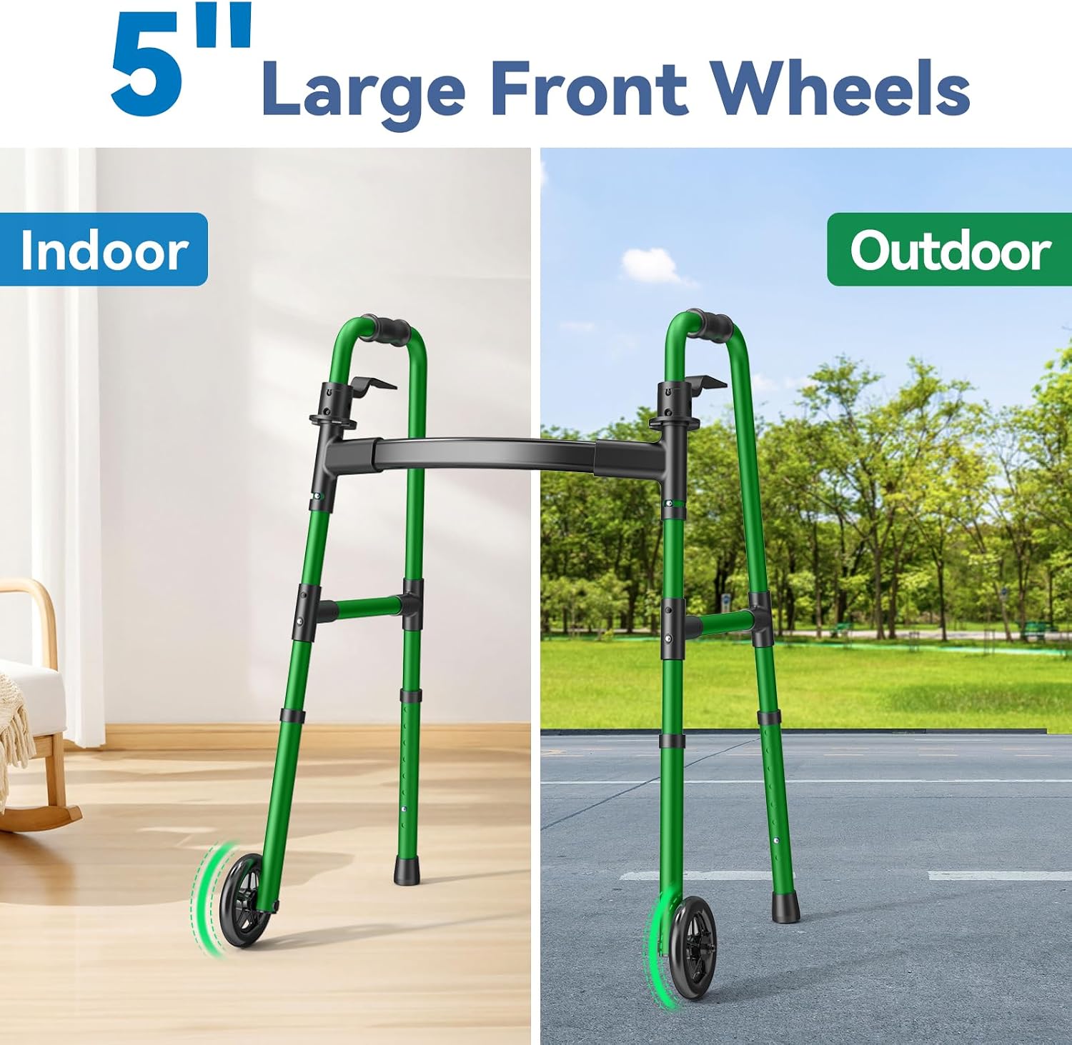Loyoda Folding Walker with Basket and Glide Skis, 5" Wheels, Lightweight | Standard Walker for Seniors and Adults, Offers 8 Height Adjustments (31"-38"), Supports up to 350 lbs