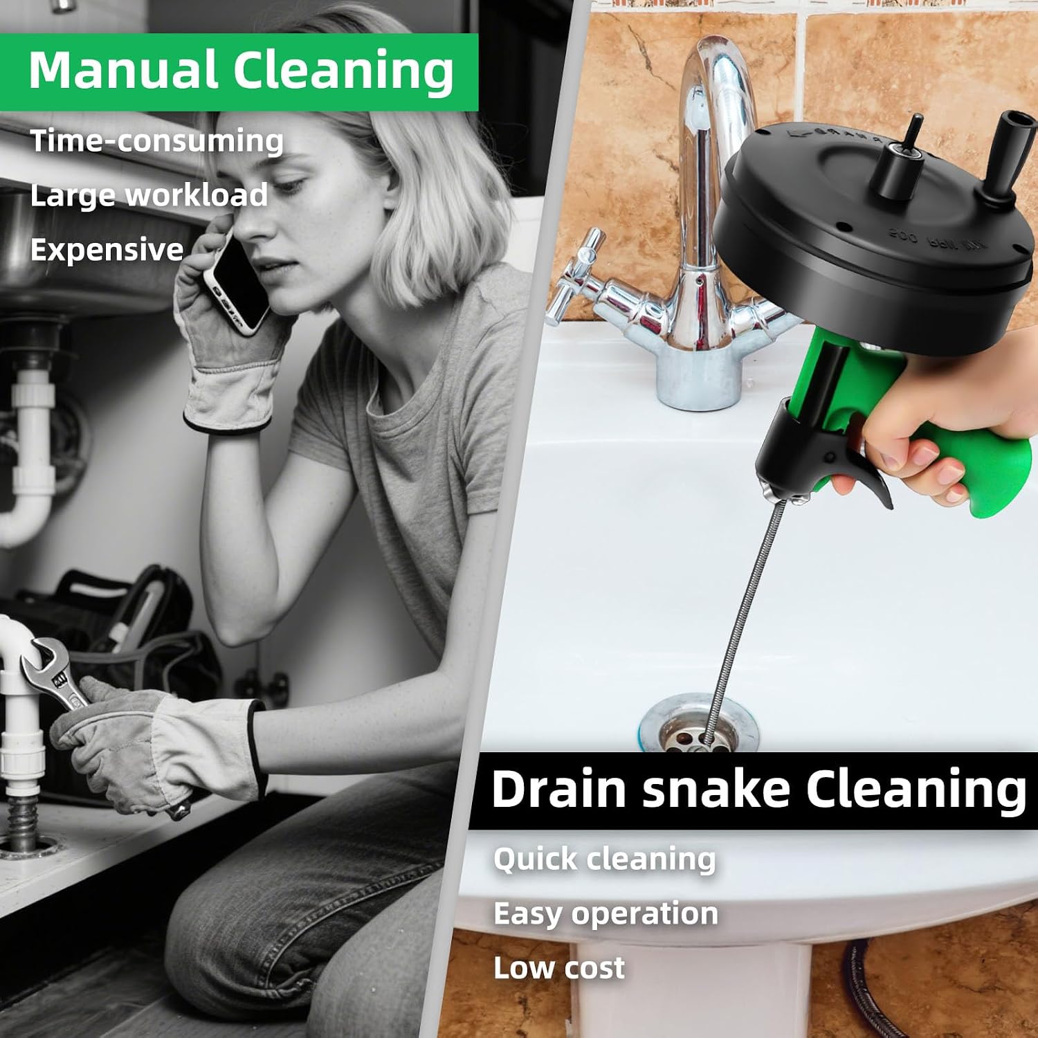 50 Ft Drain Snake, Fast Unclog Snake, 1/4 Inch, Green | Manual & Electric Plumbing Snaker for Shower Sink, Toilet and Kitchen