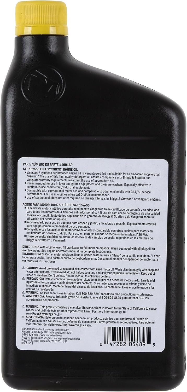 Briggs & Stratton Vanguard 15W-50 Heavy Duty Synthetic Oil Quart #100169