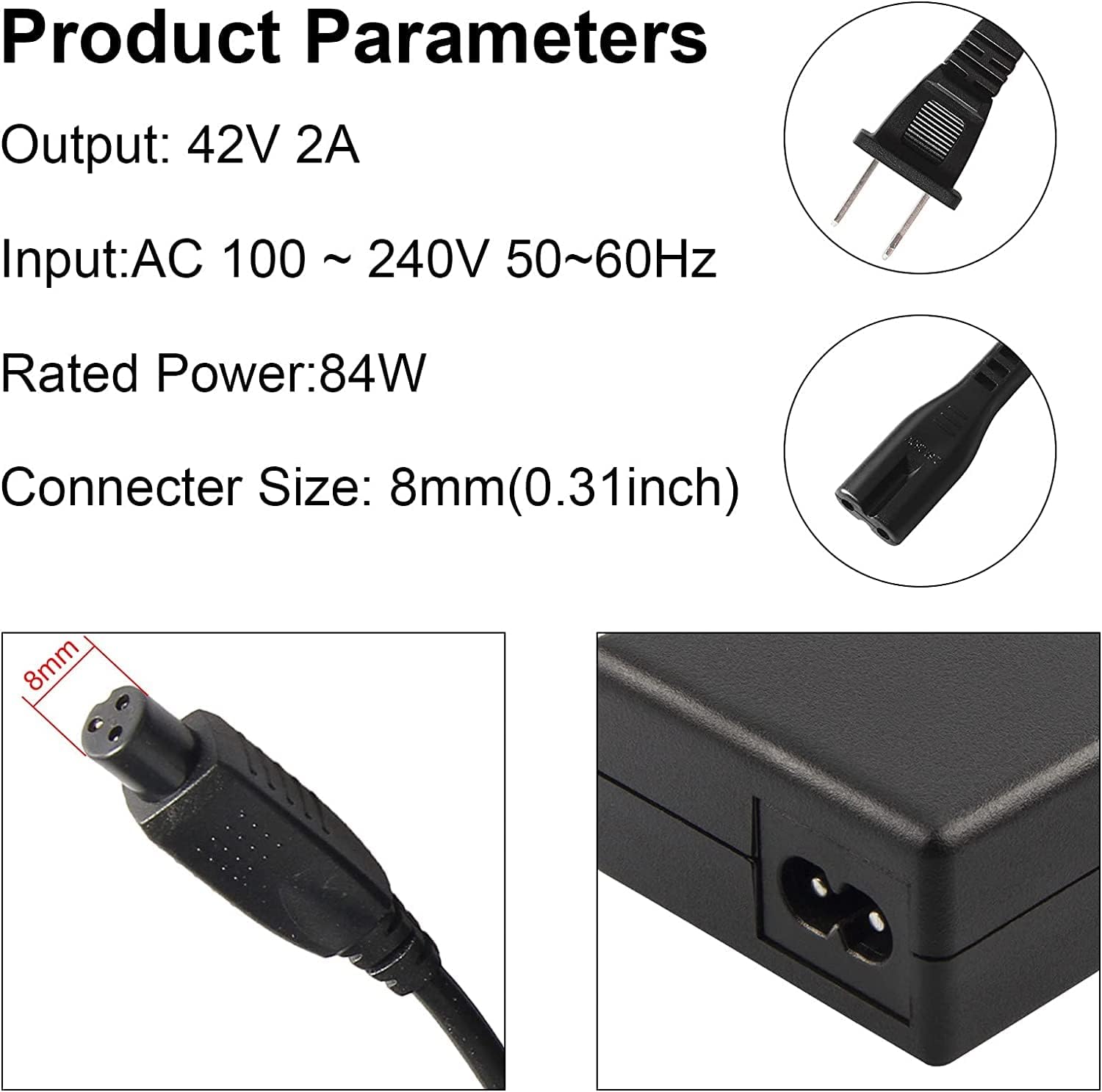 36V 1.8A Female 3-Pin XLR Lead Acid Battery Charger with 3-Prong Inline Power Supply Cord for 36V Boreem Jia, Minimoto, Rad2Go, Electric Scooter, ATV