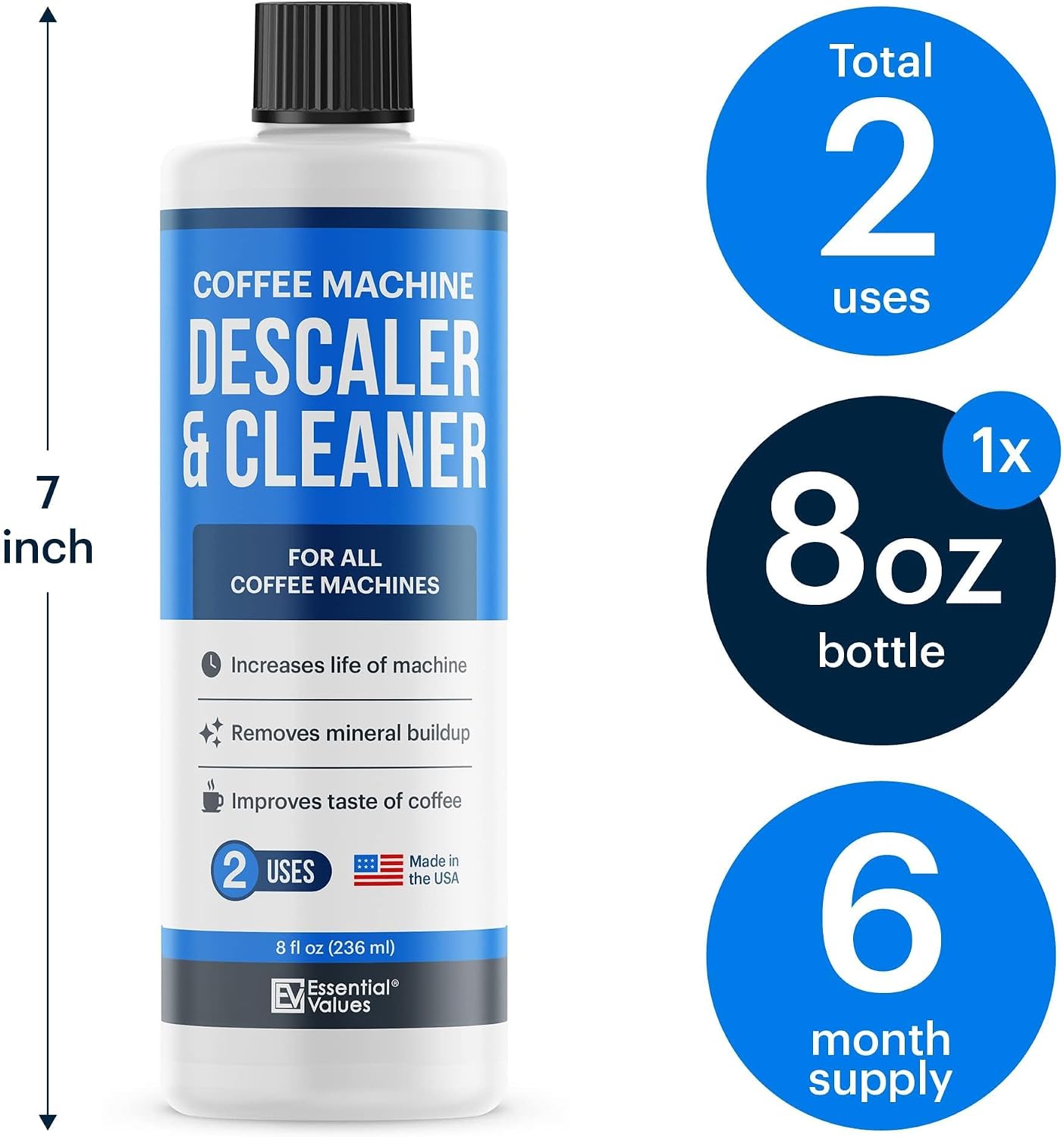 Essential Values Universal Descaling Solution, Made in the USA for Delonghi, Keurig, Breville,Nespresso (2 Uses) Coffee Machine Descaler Cleaner for all Automatic Coffee Makers & Espresso Machines