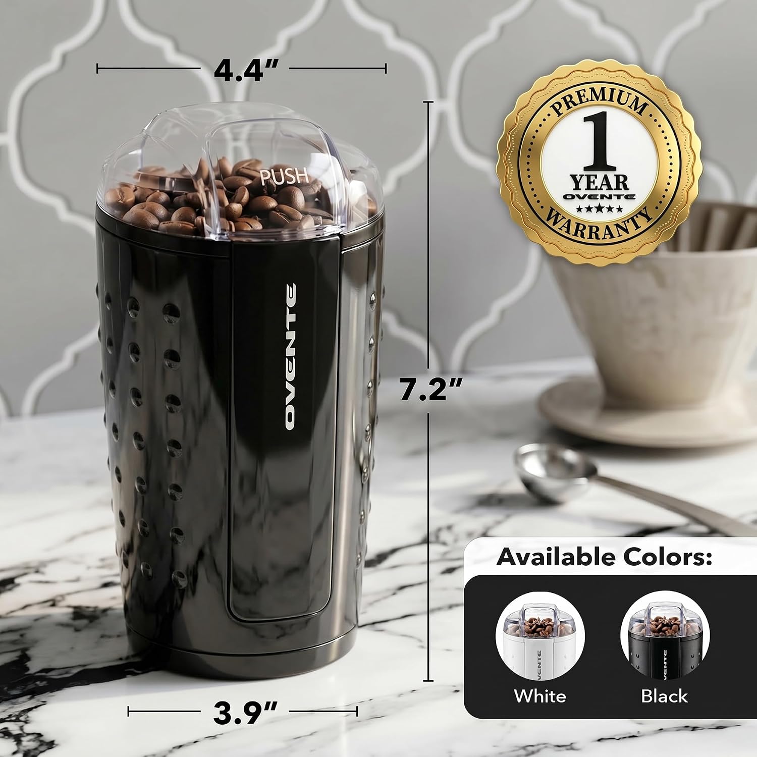 OVENTE Electric Coffee Grinder with One Touch Push-Button, White CG225W | 2.5oz Capacity, 150W Motor, Stainless Steel Blades for Uniform Grinding of Beans, Spices, Herb, Nuts & More, Safety Lock Lid