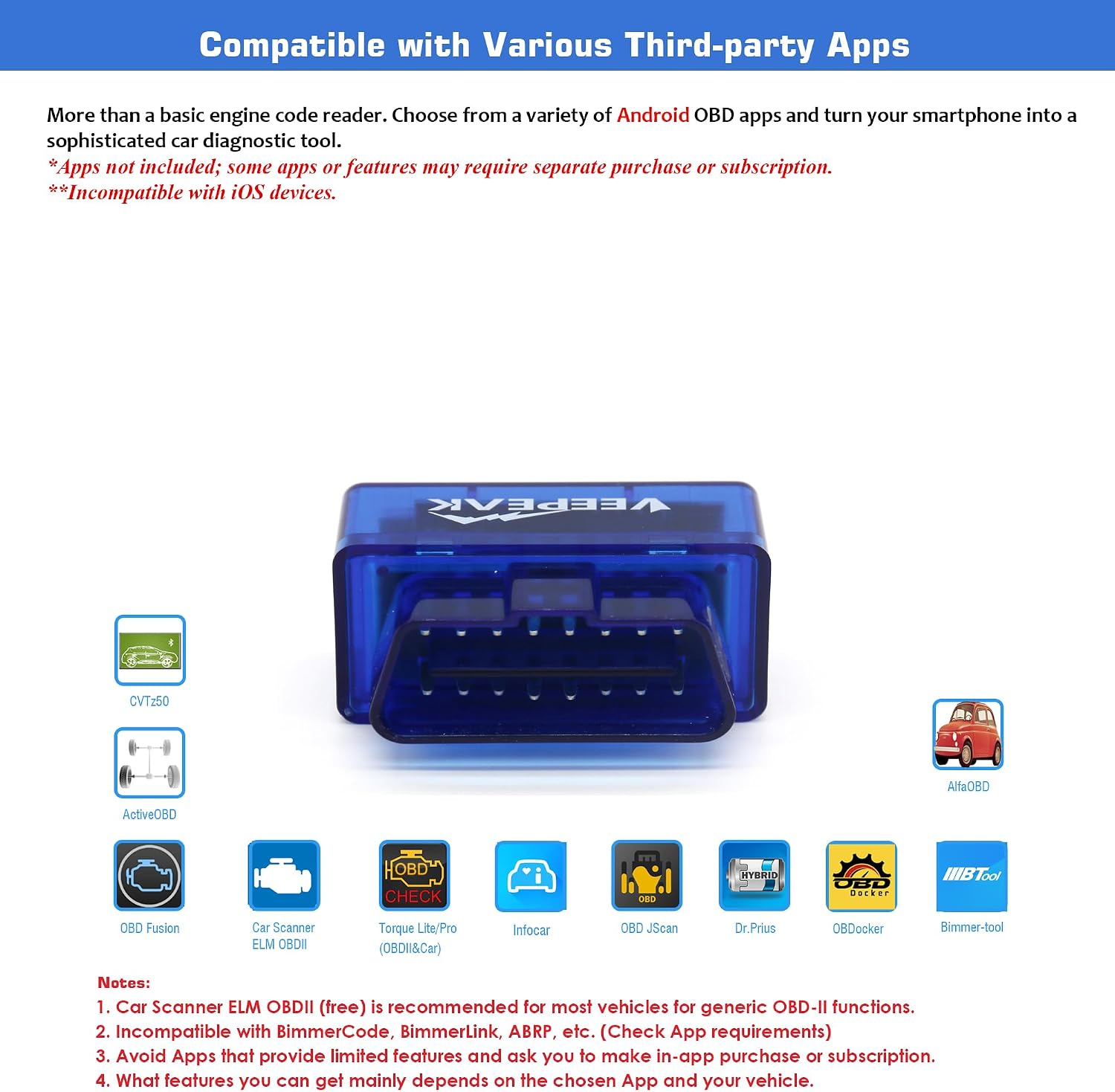 Veepeak Mini Bluetooth OBD2 Scanner Code Reader for Android (NOT for iOS) | Incompatible with iPhone or iPad. Check engine light diagnostics & live