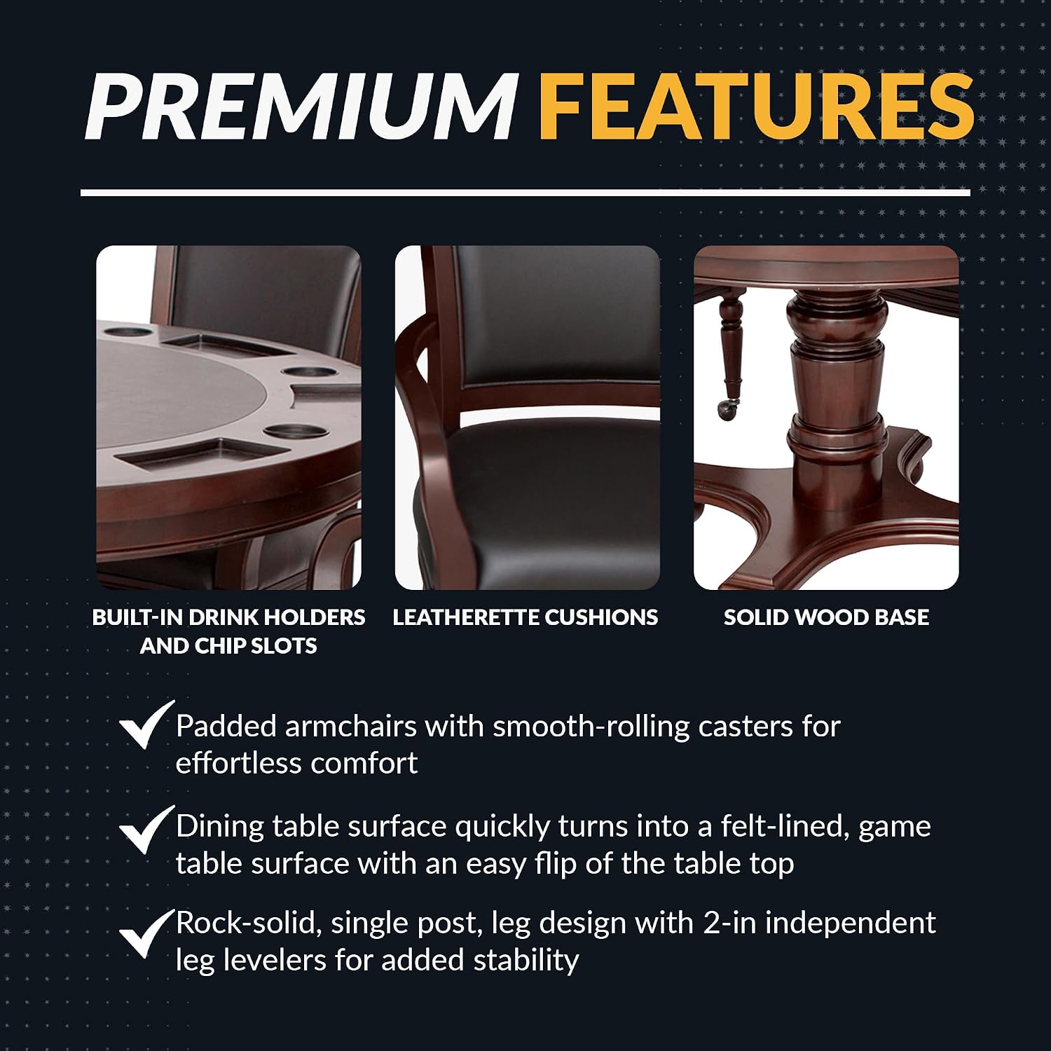 Hathaway Bridgeport 2 in 1 Round Poker Table and Chairs Set for Dining & Game Rooms – Furniture Grade Hardwood, Sturdy Pedestal Legs, Drink Holders