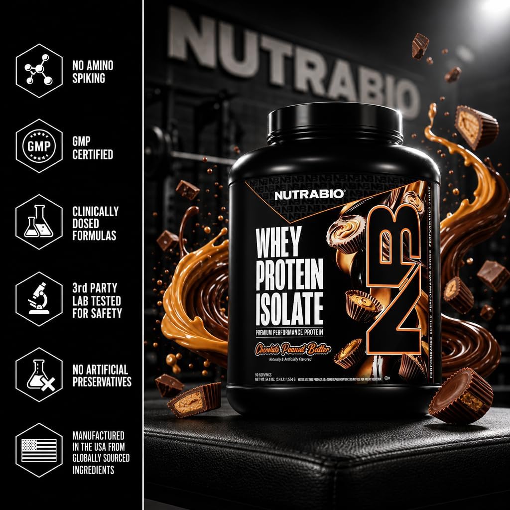 NutraBio 100% Whey Protein Isolate Protein Powder, 25g Protein with Complete Amino Acid Profile, Non-GMO, Soy & Gluten Free, Low Carb, Low Calorie Whey Protein Powder, Raw Unflavored, 20 Servings