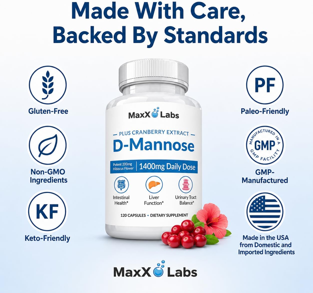 D-Mannose Capsules, 1400 Mg with Cranberry & Hibiscus Flower, 120 Ct | Fast Acting Formula, Supports Bladder & Urinary Tract Health - Extra Strength 60 Servings