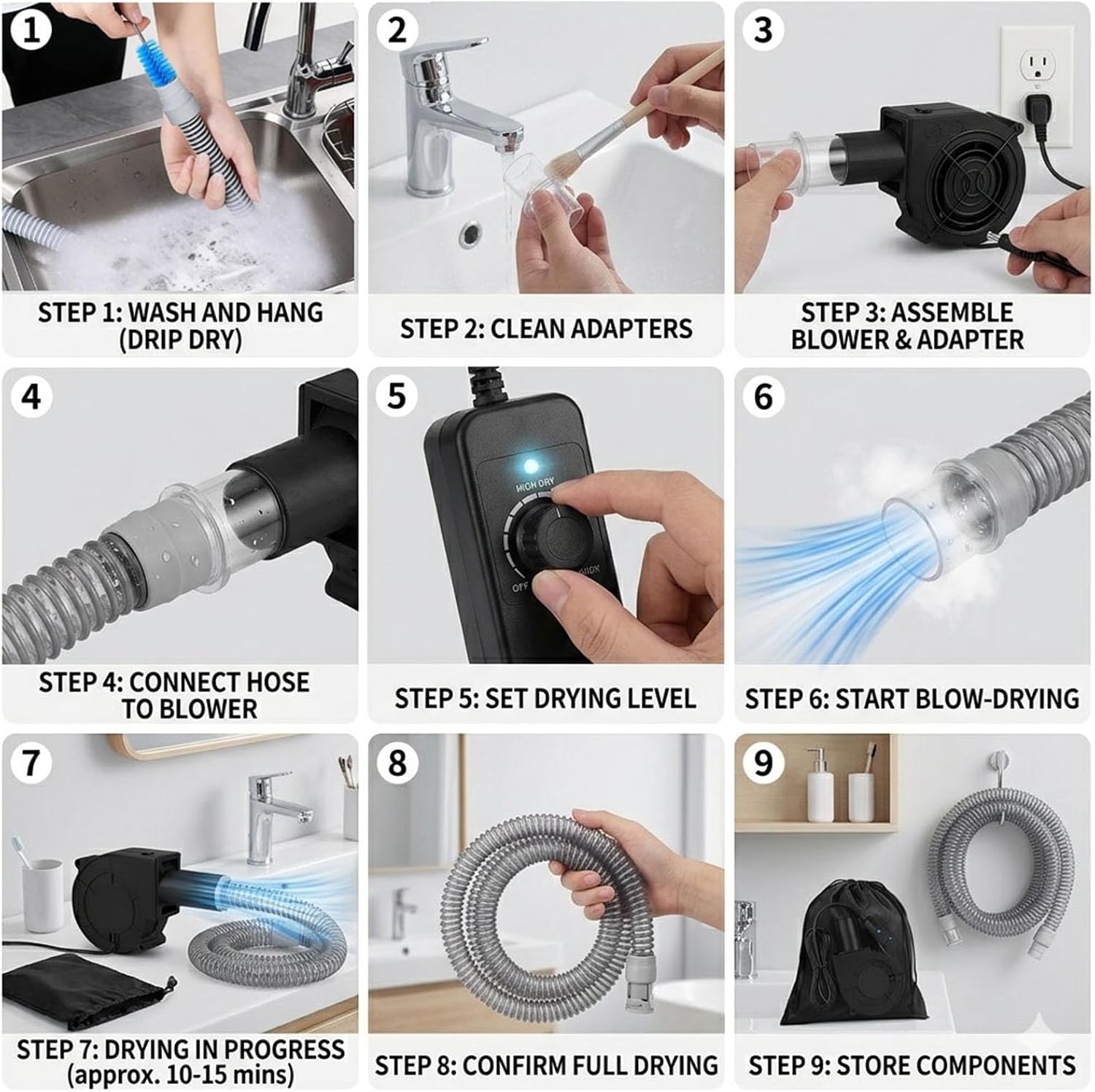 CPAP Hose Dryer Cleaning Kit: Fast-Drying Silent Blower Fan Cleaner for Resmed Airsense 10/11 Heated Tubing