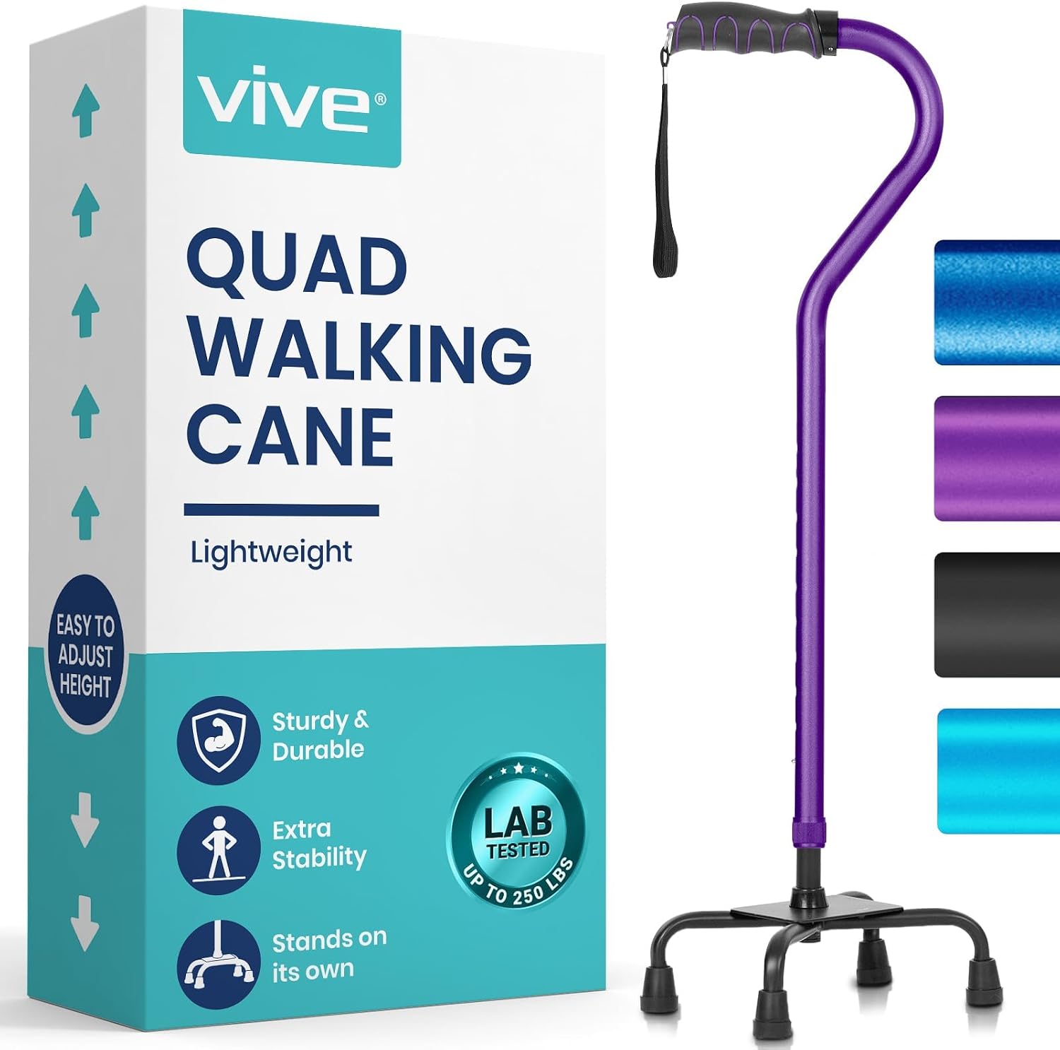 Vive Quad Cane - Walking Stick for Men and Women - Lightweight Adjustable Staff - Comfortable Right and Left Hand Grip for Stability Support - Four Prong Sturdy Aluminum Travel Aid - 4 Tip Blue | Senior 4 Prong Walking Stick for Stability & Balance- Righ…