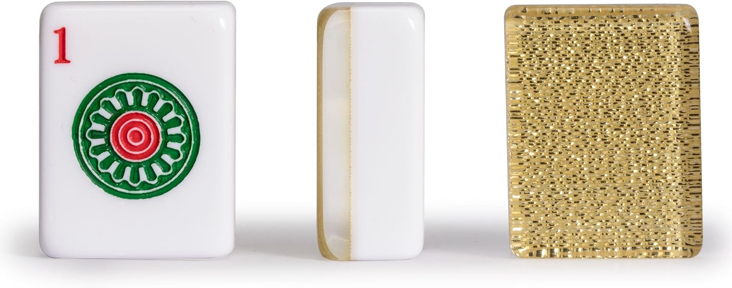 Yellow Mountain Imports American Mahjong Set, Golden Fortune with 166 Acrylic Mahjong Tiles, Inlaid Wooden Case, Racks and Other Accessories