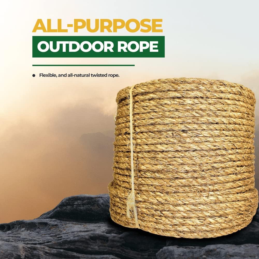 Twisted Manila Rope, Natural 3-Strand Fiber Rope for Landscaping, Decor, Railings, DIY Projects & Utility Use, Rustic for Indoor & Outdoor Applications - 1 in x 25 ft