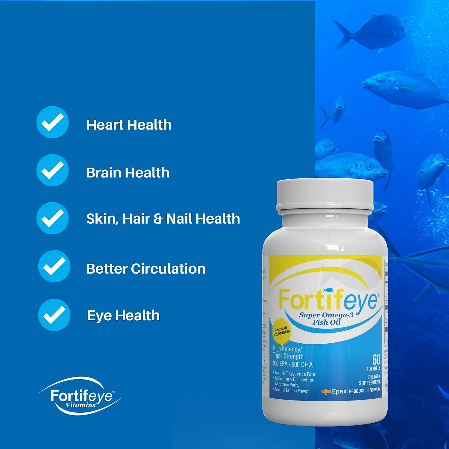 Fortifeye Super Omega-3 Fish Oil - 60 Count - 1600mg EPA + DHA - Triple Strength Ultra-Pure rTG Omega-3 Expertly Concentrated & Purified in Norway from Sustainably Sourced Wild Fish - Lemon Flavor